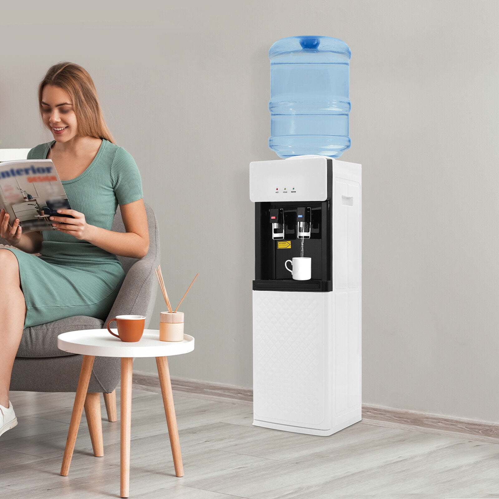 Generic Hot and Cold Water Dispenser Top Loading Standing Cooler with Safety Lock and Storage Cabinet (White, 5 Gallon) dn3z8
