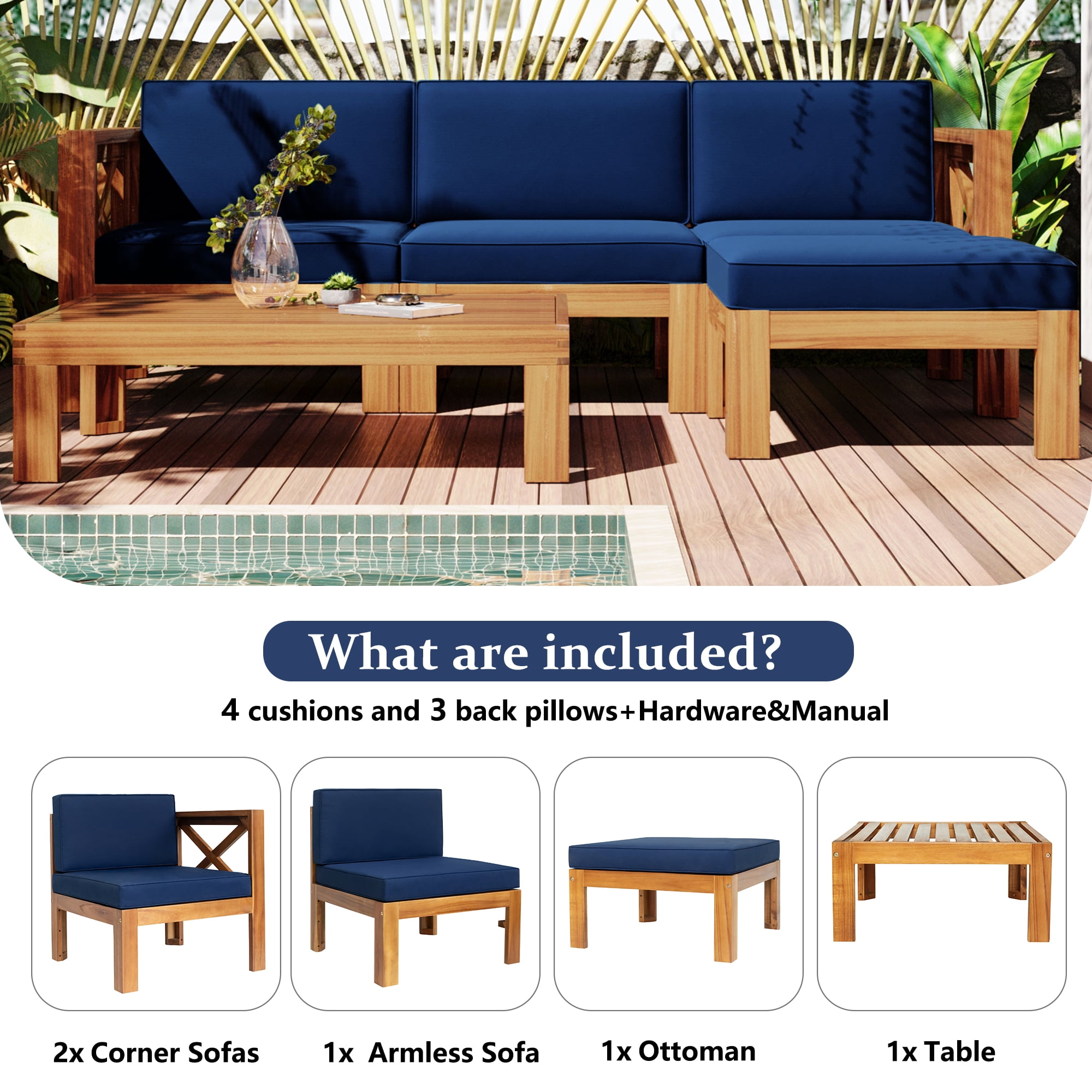 Euroco Outdoor Patio Wood 5-Piece Sectional Sofa Seating Group with Water-Resistant Cushions (Natural Finish, Blue, 5-Piece Set) ym4qv
