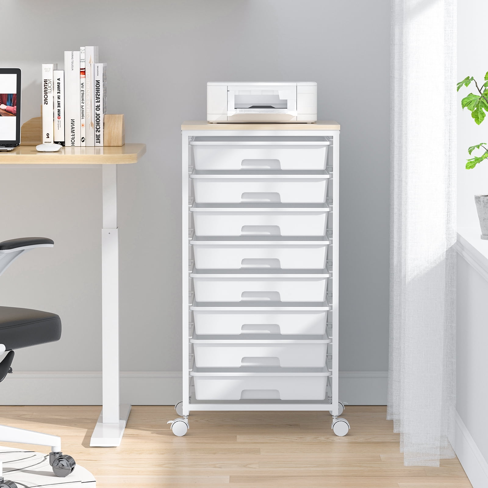 KINGRACK Rolling Storage Cart with 8 Drawers and Wooden Tabletop (White, 15.55 in x 12.60 in x 31.18 in) v4xgi