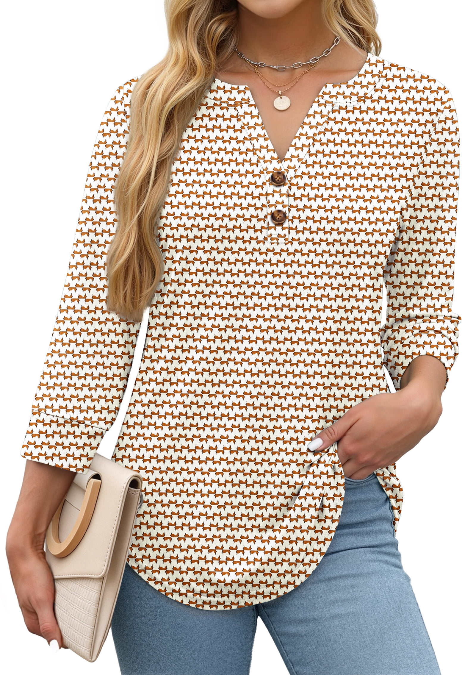 Fantaslook Womens V Neck Henley Blouse 3/4 Sleeve Dressy Casual Top (White, L) gyauw