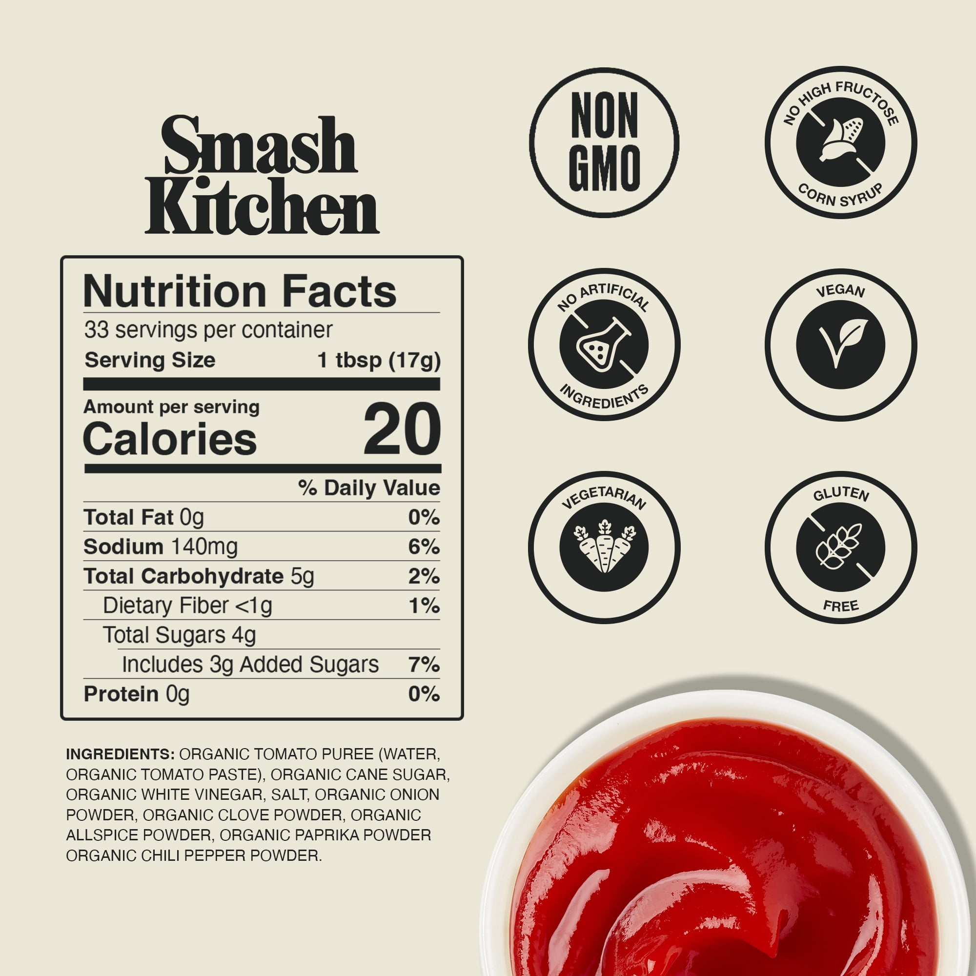 Smash Kitchen Organic Tomato Ketchup, Classic Rich Flavor (20 oz) j8gtw