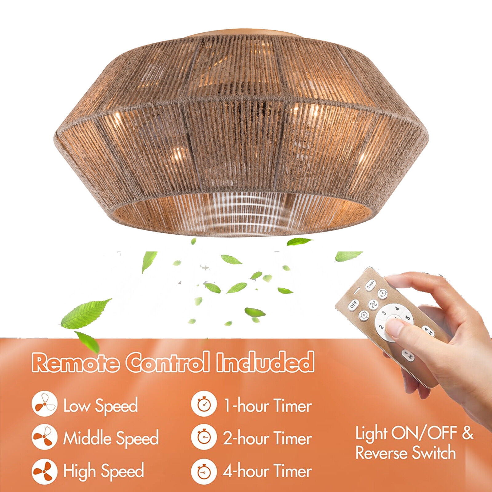 Miumaeov Boho Rattan Caged Ceiling Fan with Light and Remote Control (6 Speeds, 7.08 in Base) mrl8w