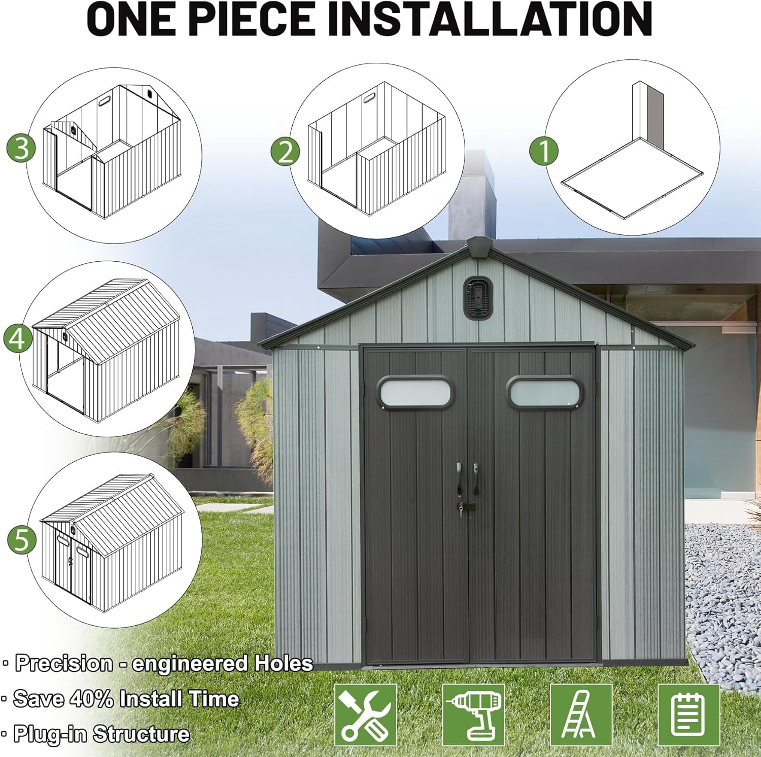 Domi Outdoor Living Resin Storage Shed, Waterproof Garden Tool Shed with Lockable Doors & Vents (Grey, 6 ft x 6 ft) mxycb