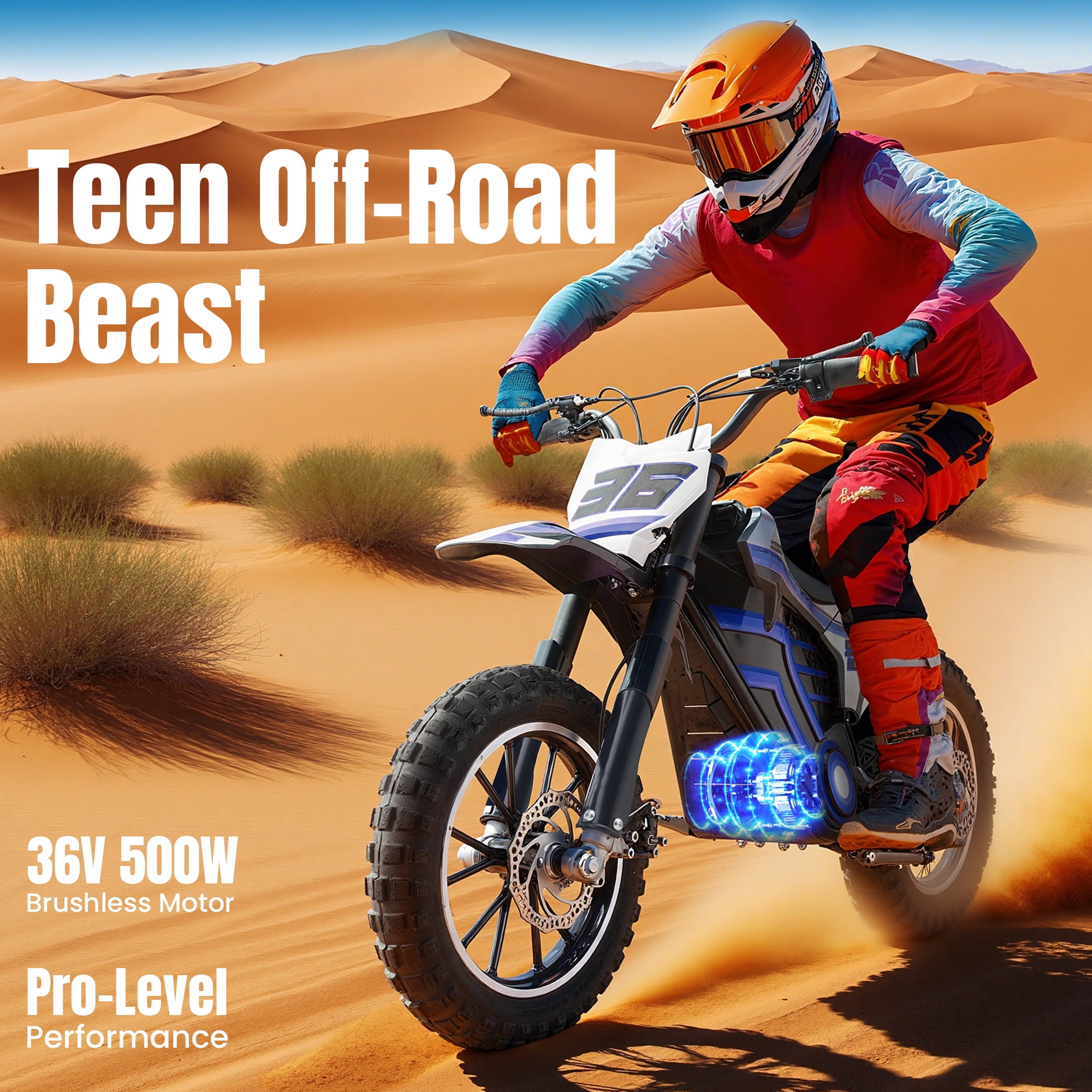 QEASET Electric Dirt Bike, 500W Off-Road Motorbike for Kids, Dual Suspension (Blue, 150 lb Capacity) mhvdp