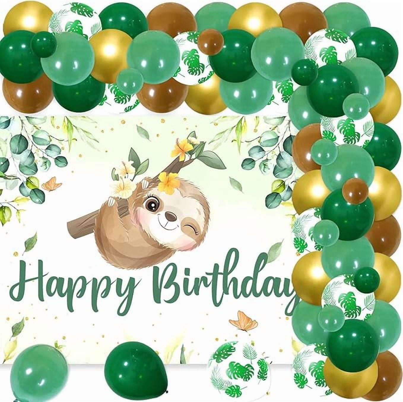 Sloth Birthday Party Decorations Set, Tropical Jungle Animal Theme Backdrop and Balloon Arch Kit (Green and Brown, 73 Pieces) 116al