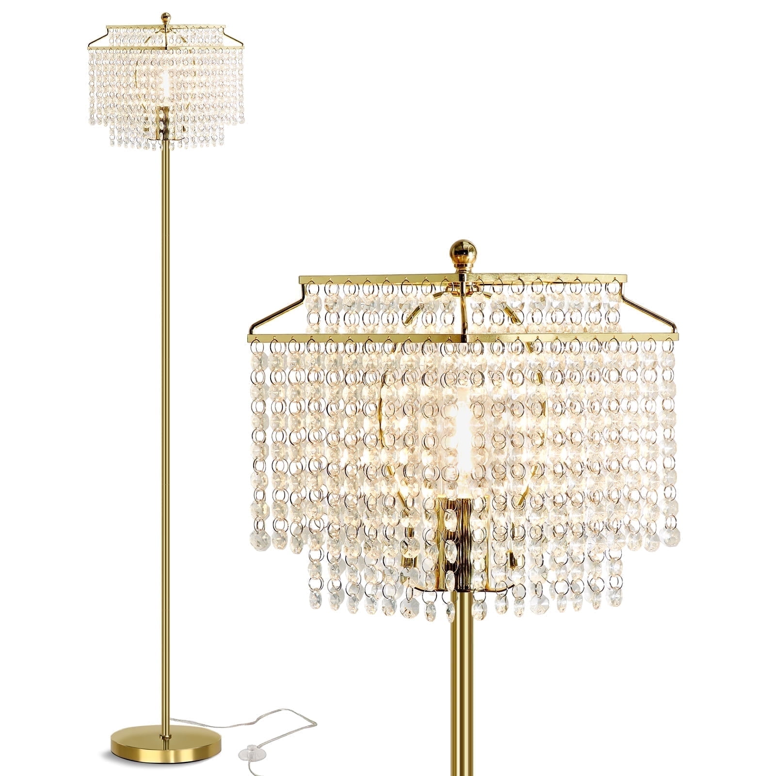 NATYSWAN Gold Crystal Floor Lamp, Modern Standing Light with Double-Layer Shade and Foot Switch (Gold, 62 in) 9z4rp