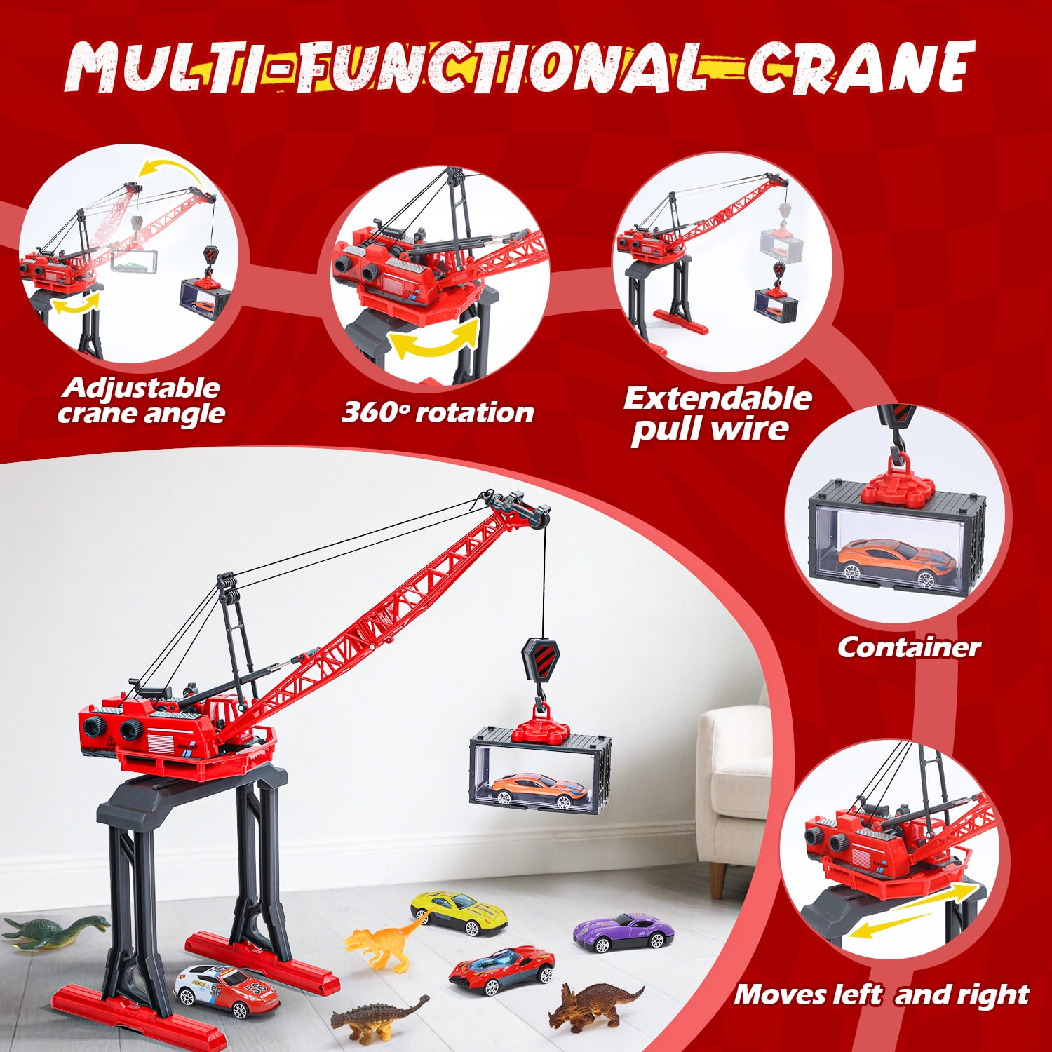 WonderStone 3-in-1 Fire Rescue Truck Playset with Crane, 12 Die-Cast Cars, and 6 Dinosaur Figures (Red, 17.33 in x 7.48 in x 4.33 in) 5bsgw