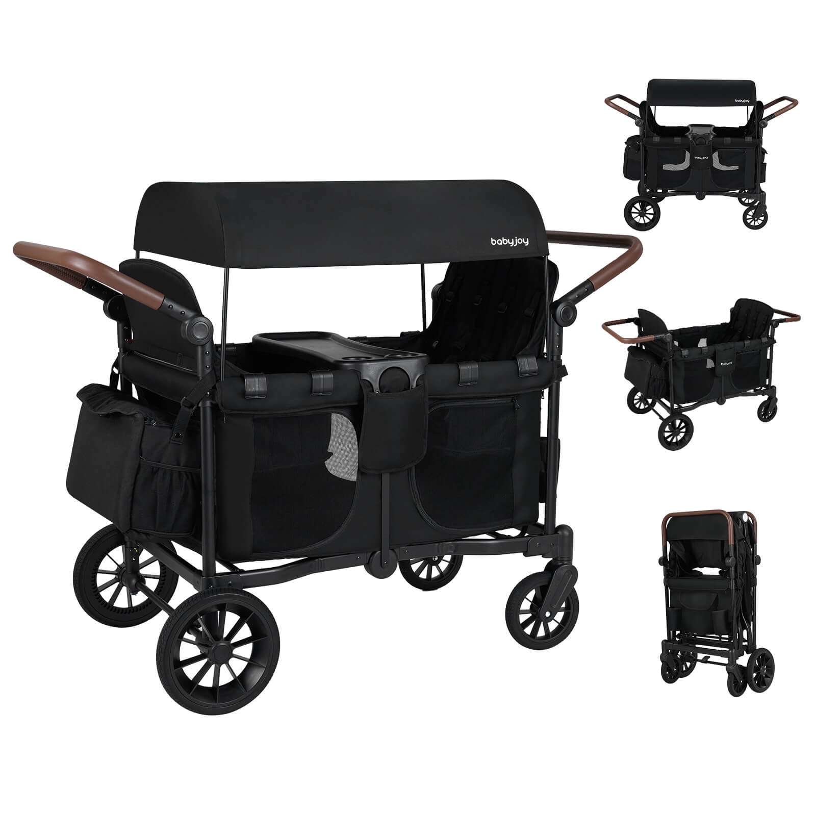 Costway 4-Seater Wagon Stroller, Foldable Push-Pull Toddler Stroller with Removable Canopy (Black, 4-Seater) 0d9fk