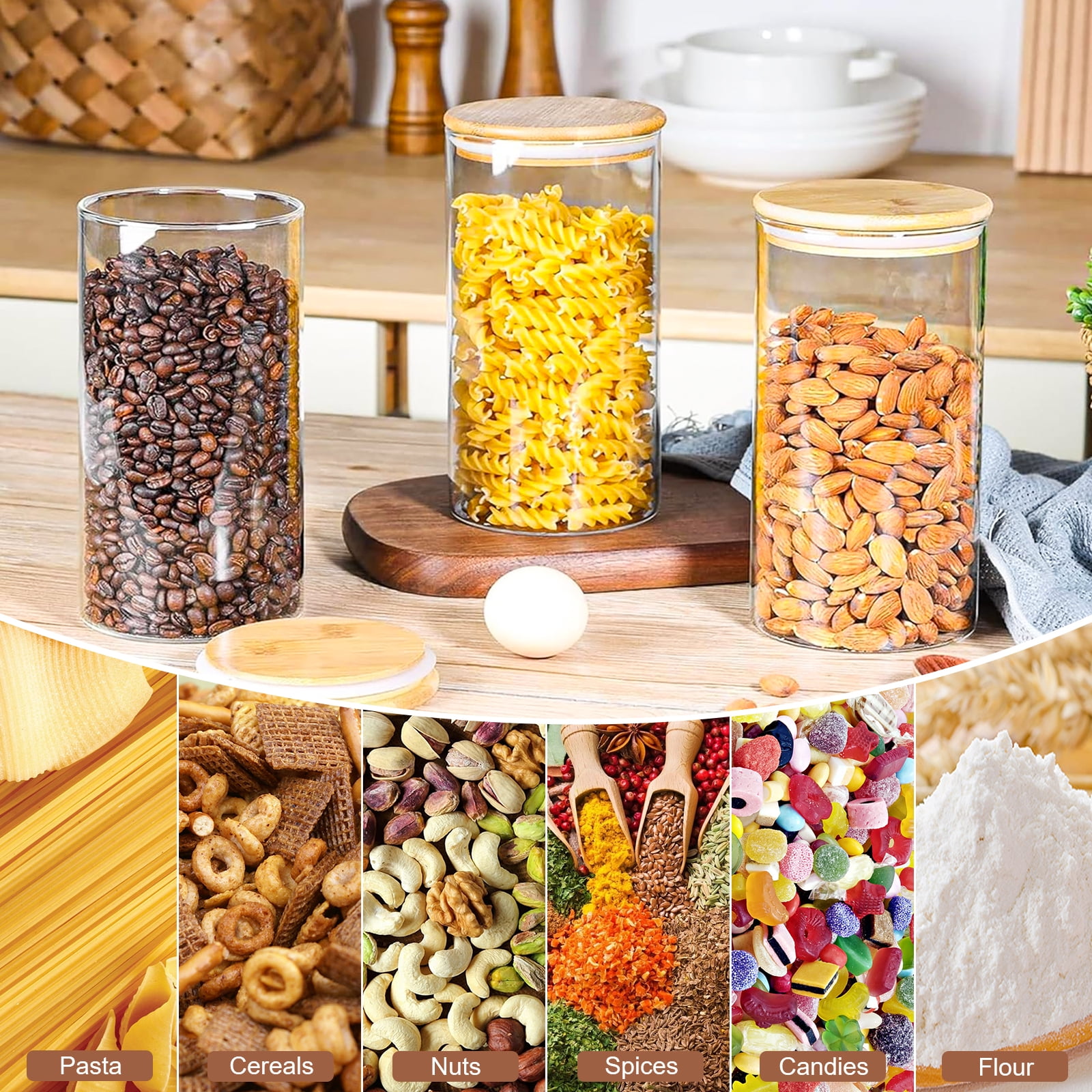 Foukus Glass Food Storage Containers with Bamboo Lids, Airtight Pantry Organizer for Dry Goods (Clear, 6 Pack, 25 oz) 4jhnn