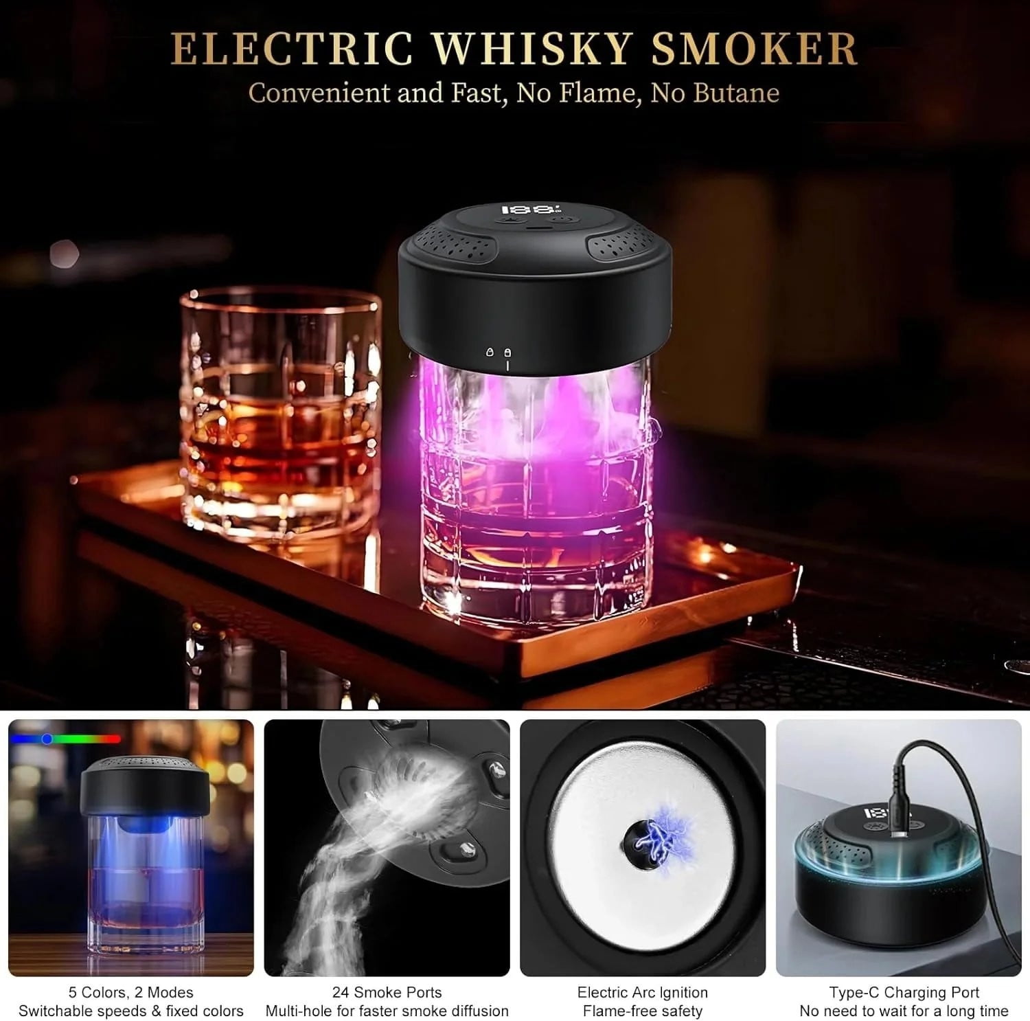 Elainilye Whiskey Smoker Kit with 6 Wood Chips, Cocktail Infuser Set for Bourbon and Scotch (1 Kit) gfmwq