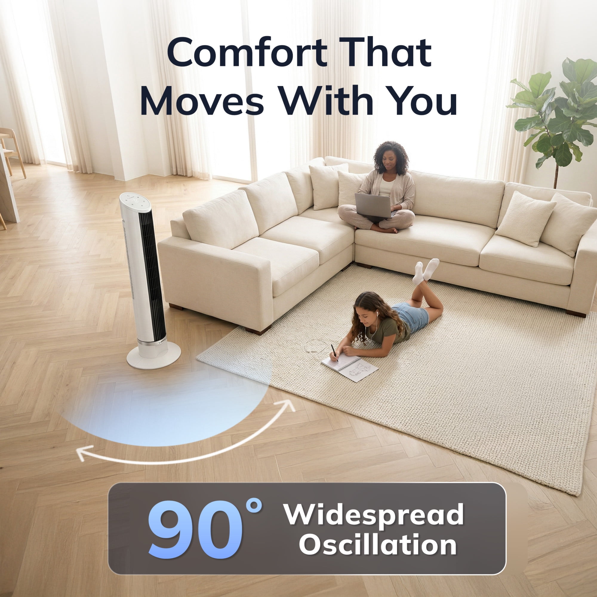 Lasko 36 in Quiet Oscillating Tower Fan with Remote Control and 12 Speeds (White, 36 in) 1fyqh