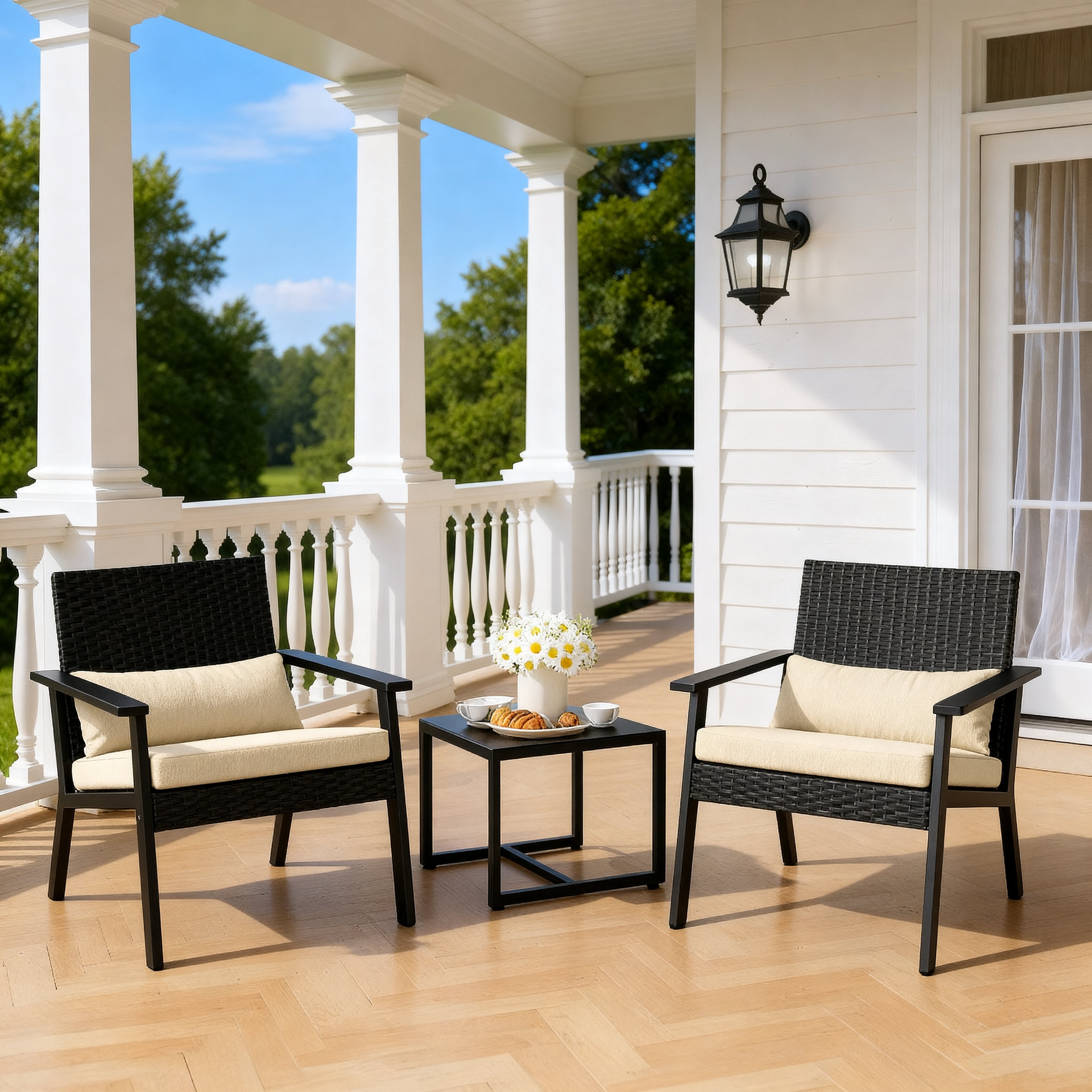 Aiho 3-Piece Outdoor Wicker Patio Furniture Set with Glass Table (Gray, 30 in Depth) n51q5