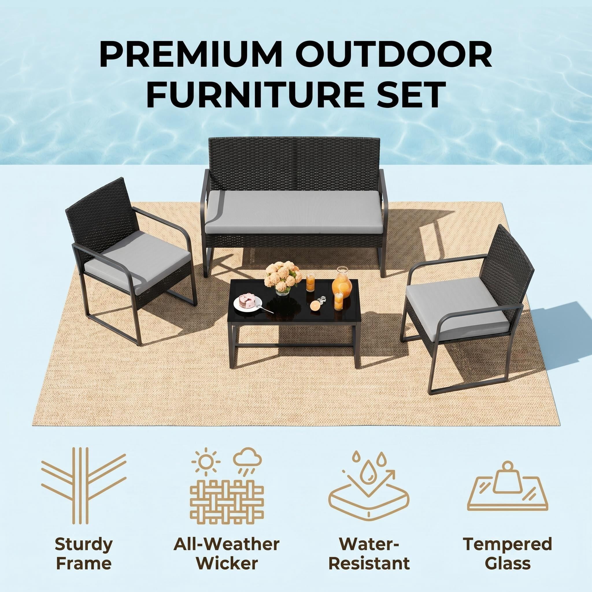 Lofka 4-Piece Outdoor Patio Furniture Set with Coffee Table and Cushions (Gray, 4-Piece Set) z0uix