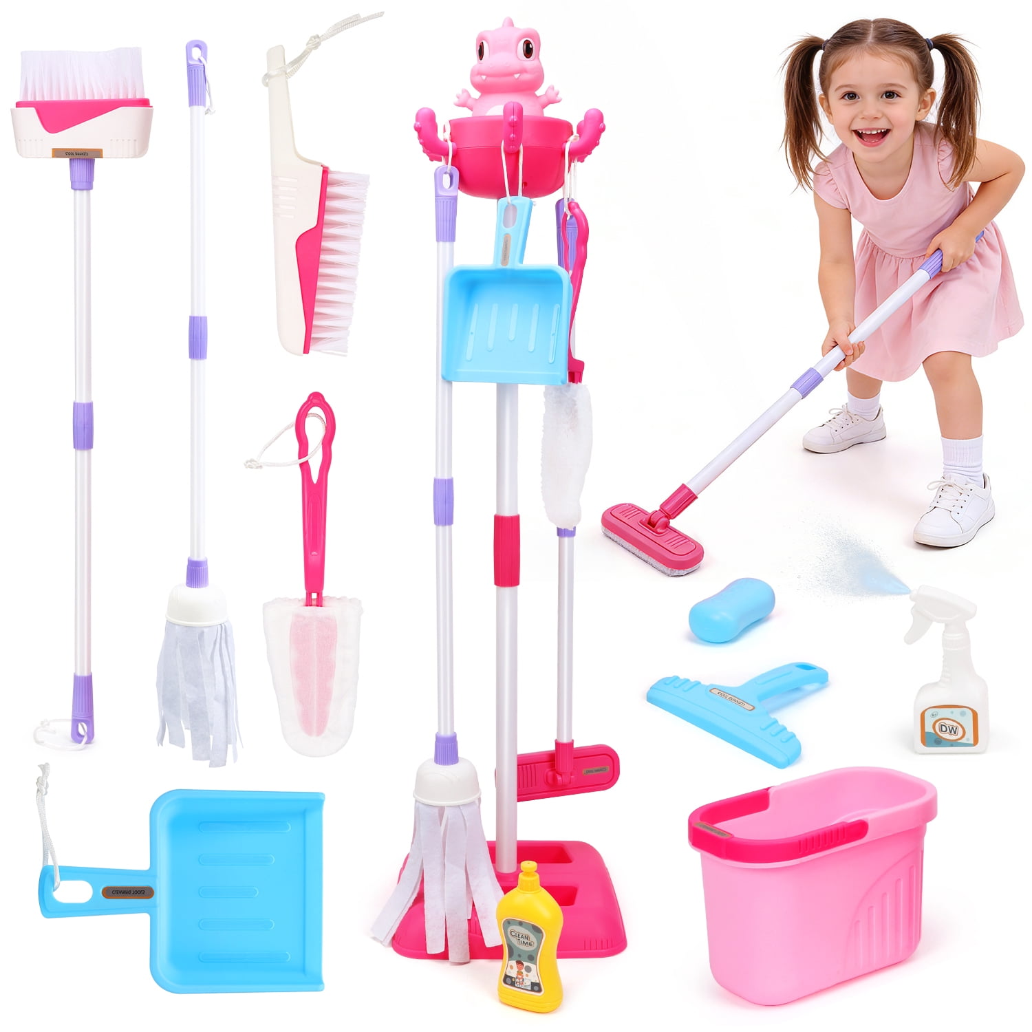 JoyStone 12-Piece Dinosaur Kids Cleaning Set, Pretend Play Housekeeping Kit for Toddlers (Pink, 12-Piece Set) uadep