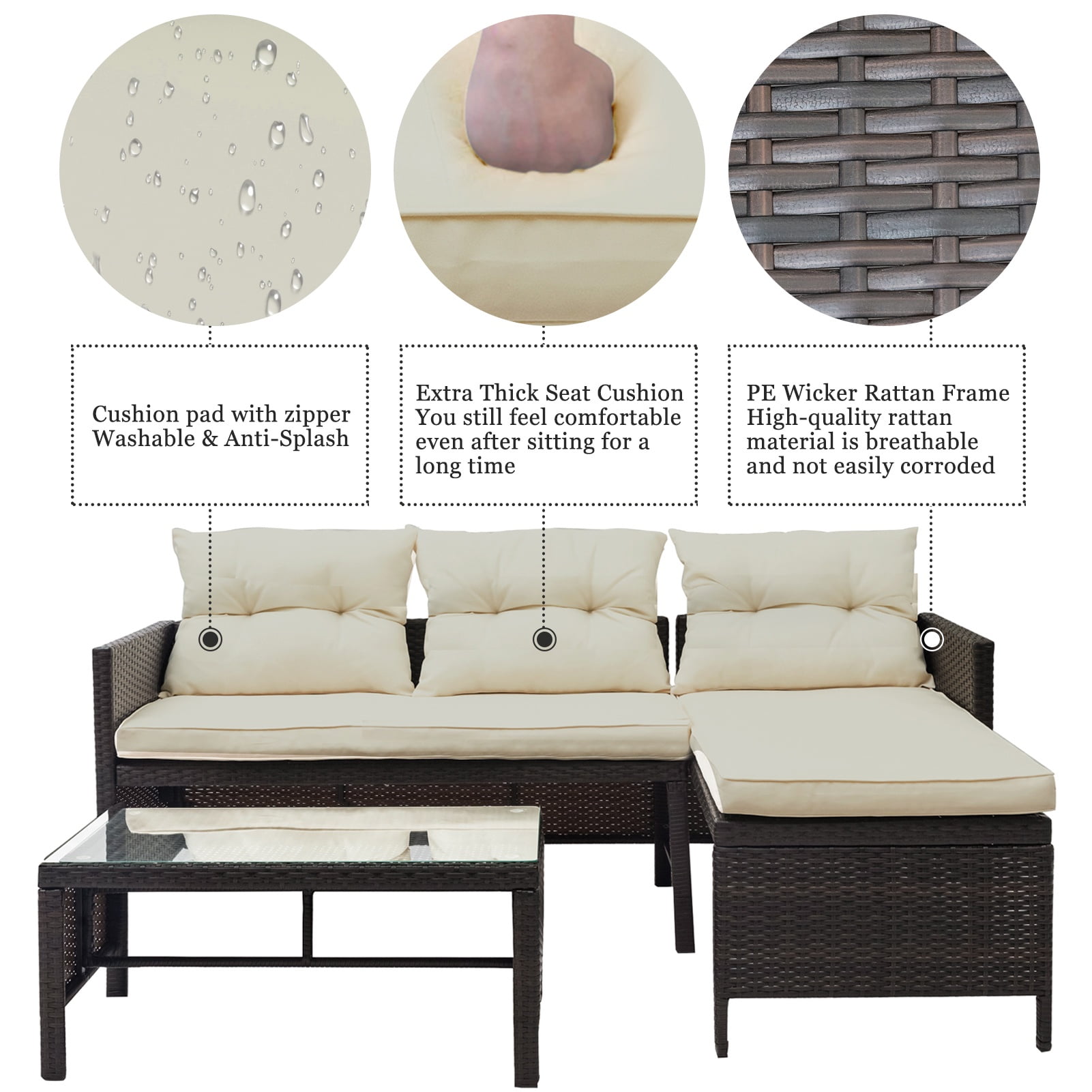 Syngar 3-Piece Outdoor Patio Furniture Sectional Set, PE Rattan Wicker Conversation Set with Cushions and Coffee Table (Beige, 3-Piece Set) 14sg0
