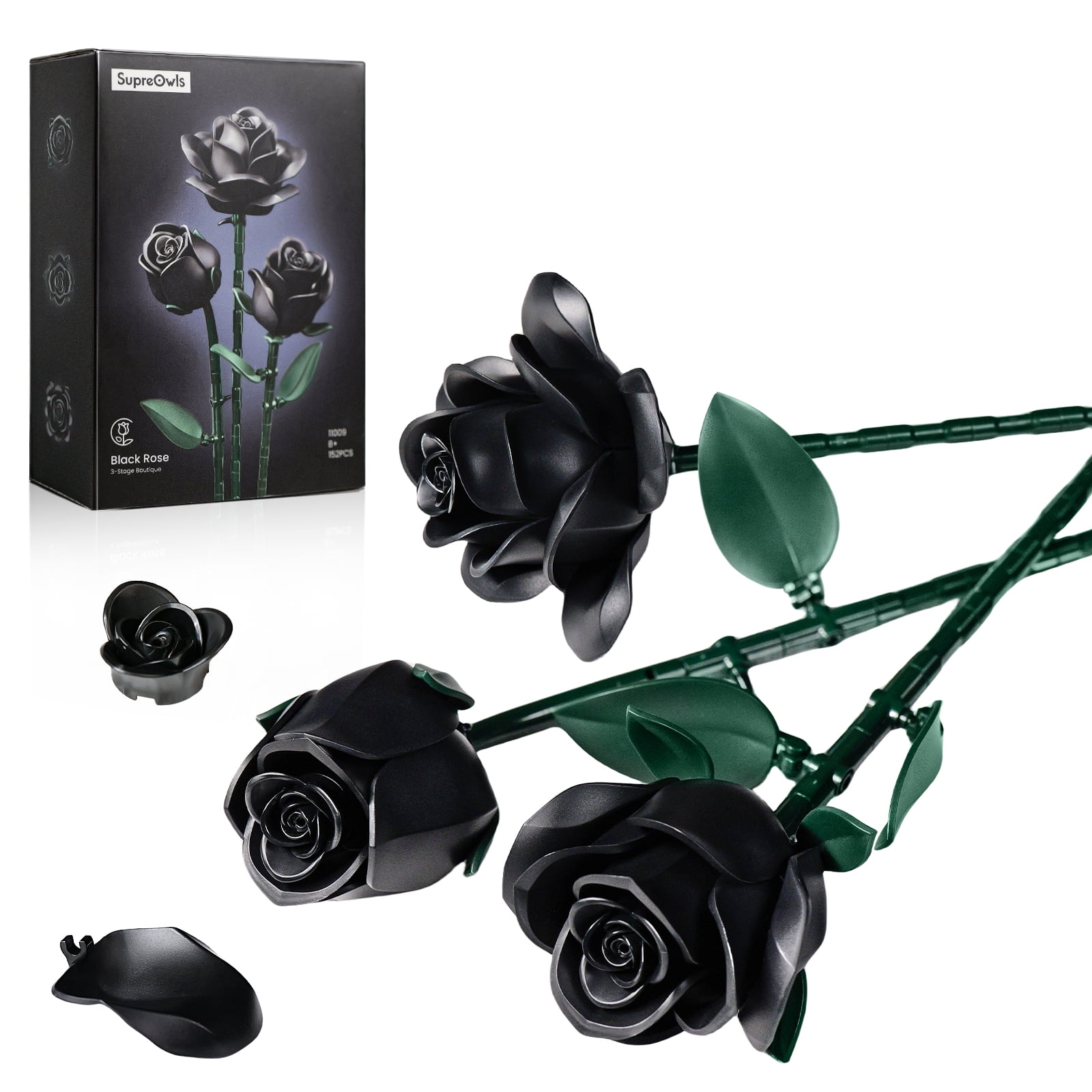 BuildingBoat Rose Flower Bouquet Building Set, Botanical Collection Artificial Flowers for Home Decor (Black, 152pcs) plv47