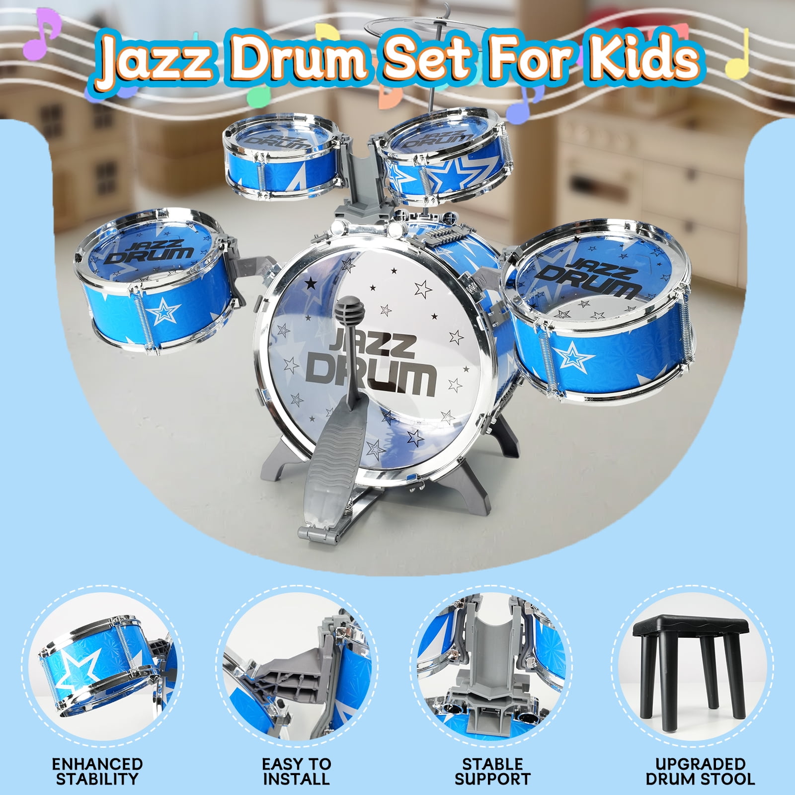 JBeeCtrl Kids Jazz Drum Set Musical Instrument with Chair and Pedal (Blue, 8-Piece Set) j4qzl