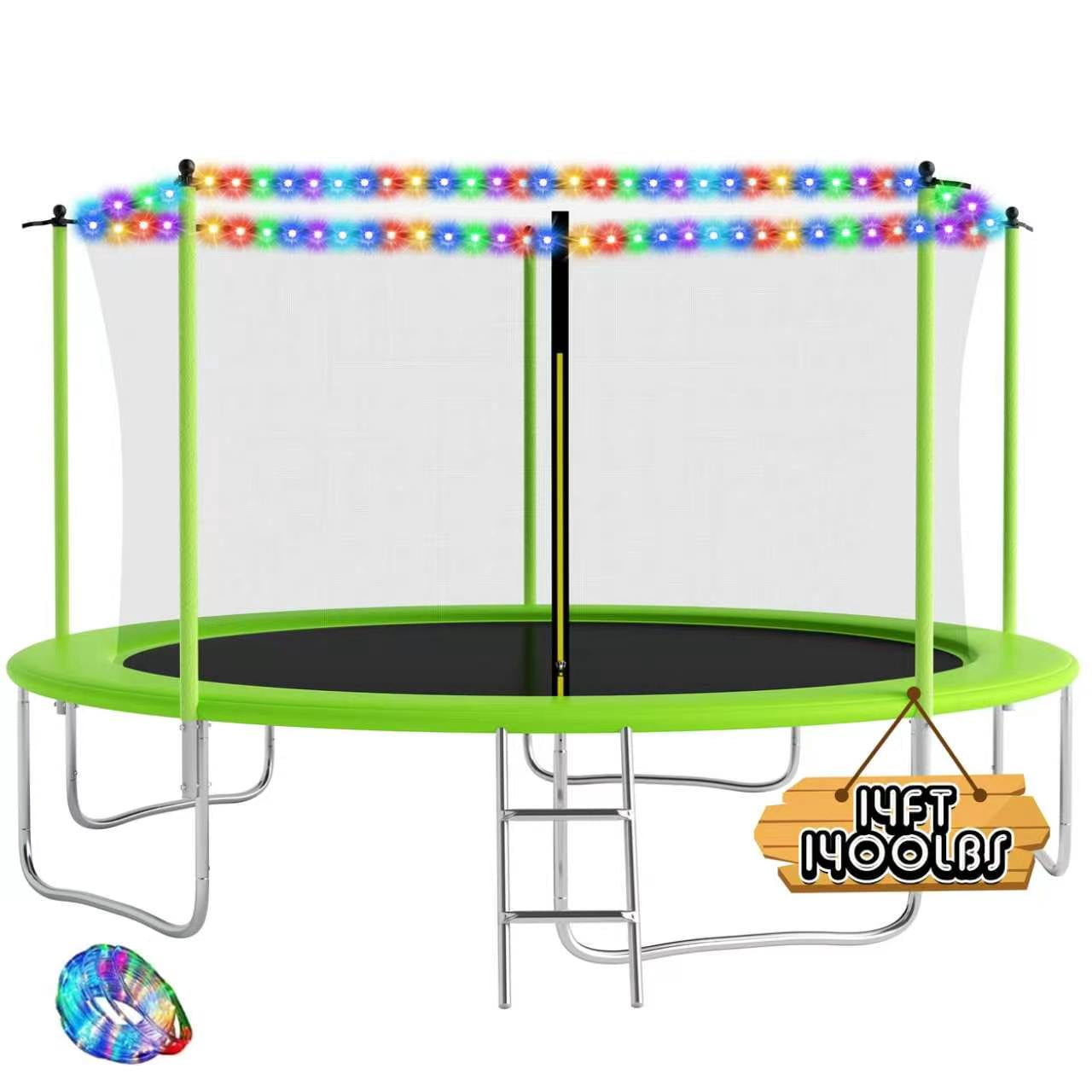 Ovatoys 14ft Recreational Trampoline with Safety Enclosure, Basketball Hoop, Ladder, and LED Lights (Green, 1400 lb Capacity) 3g0xs