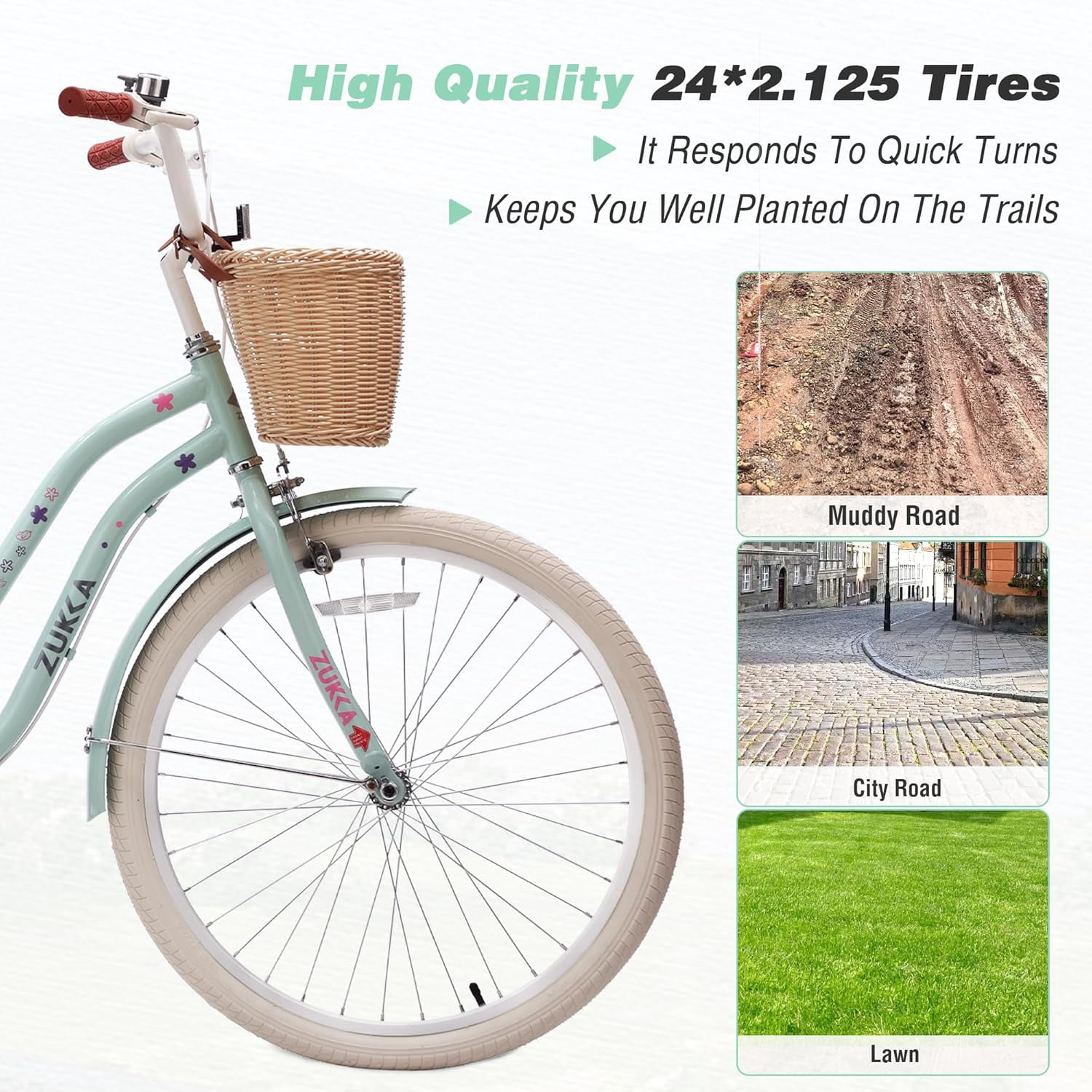 Ambifirner 24 in Cruiser Bike, Single-Speed Retro Steel Frame Bicycle for Women with Dual V-Brakes (Ocean Teal, 24 in) jcp07