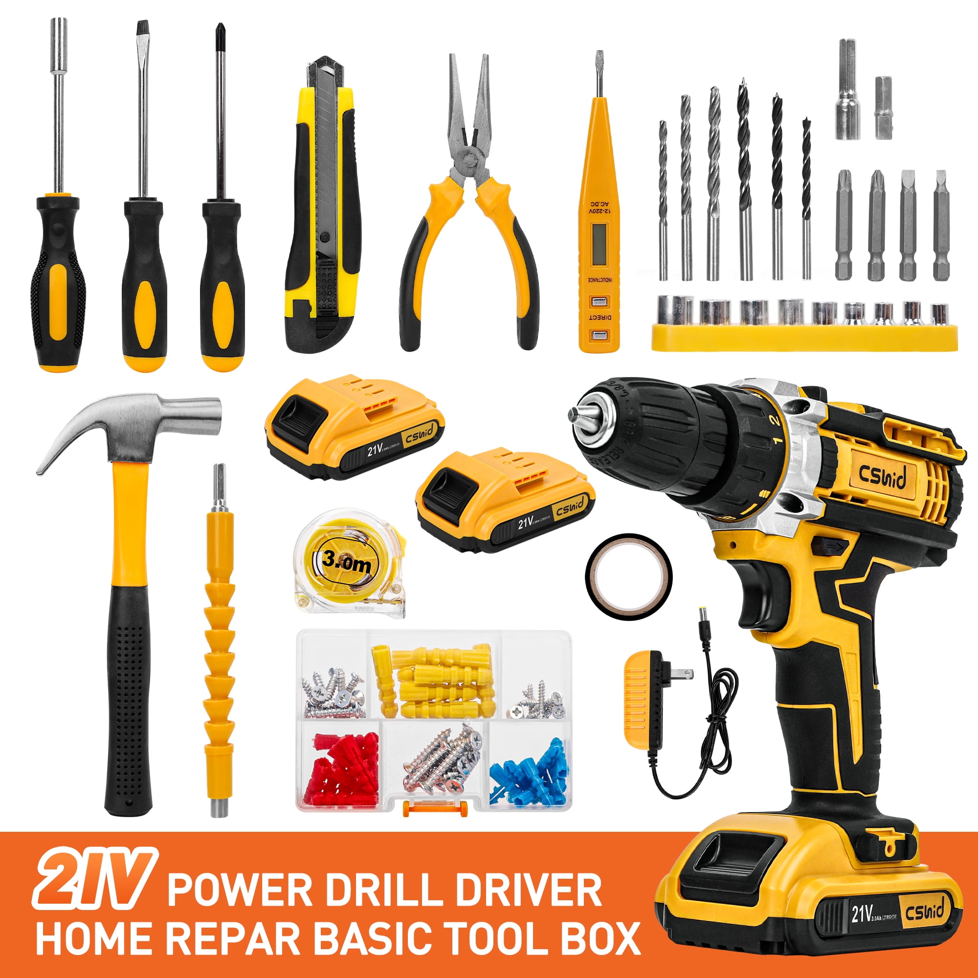 Cshidworld 21V Cordless Drill Power Tool Kit with 95-Piece Repair Set and Storage Case (Yellow, 95-Piece) 4po7p