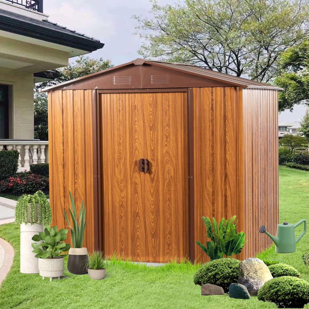 Generic Metal Storage Shed Heavy-Duty Galvanized Steel Outdoor Garden Tool House (Brown, 6 ft x 6 ft) 4s7u2