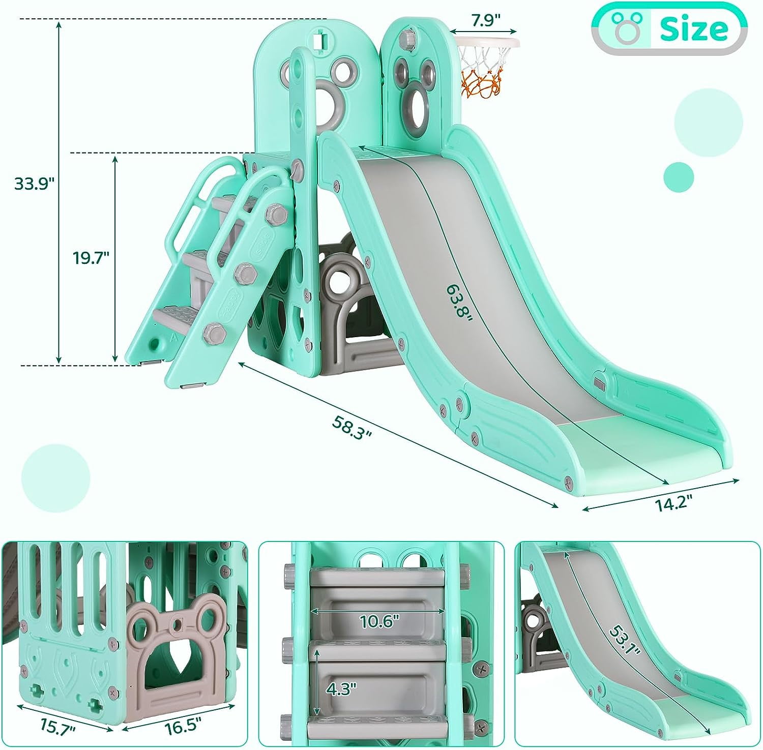 LAZY BUDDY 4-in-1 Toddler Slide and Climber Playset with Basketball Hoop (Green) abxyq