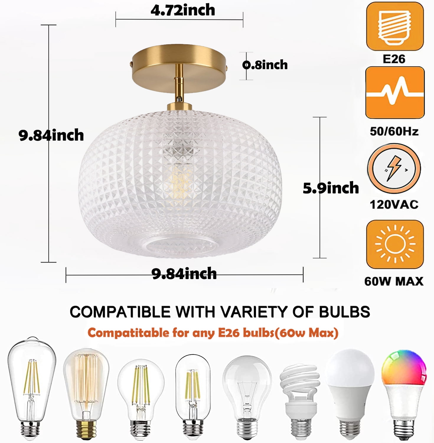 Jolydoly Semi Flush Mount Ceiling Light, Globe Glass Vintage Gold Fixture for Hallway Bedroom (9.84 in x 9.84 in x 7.49 in) rm65n