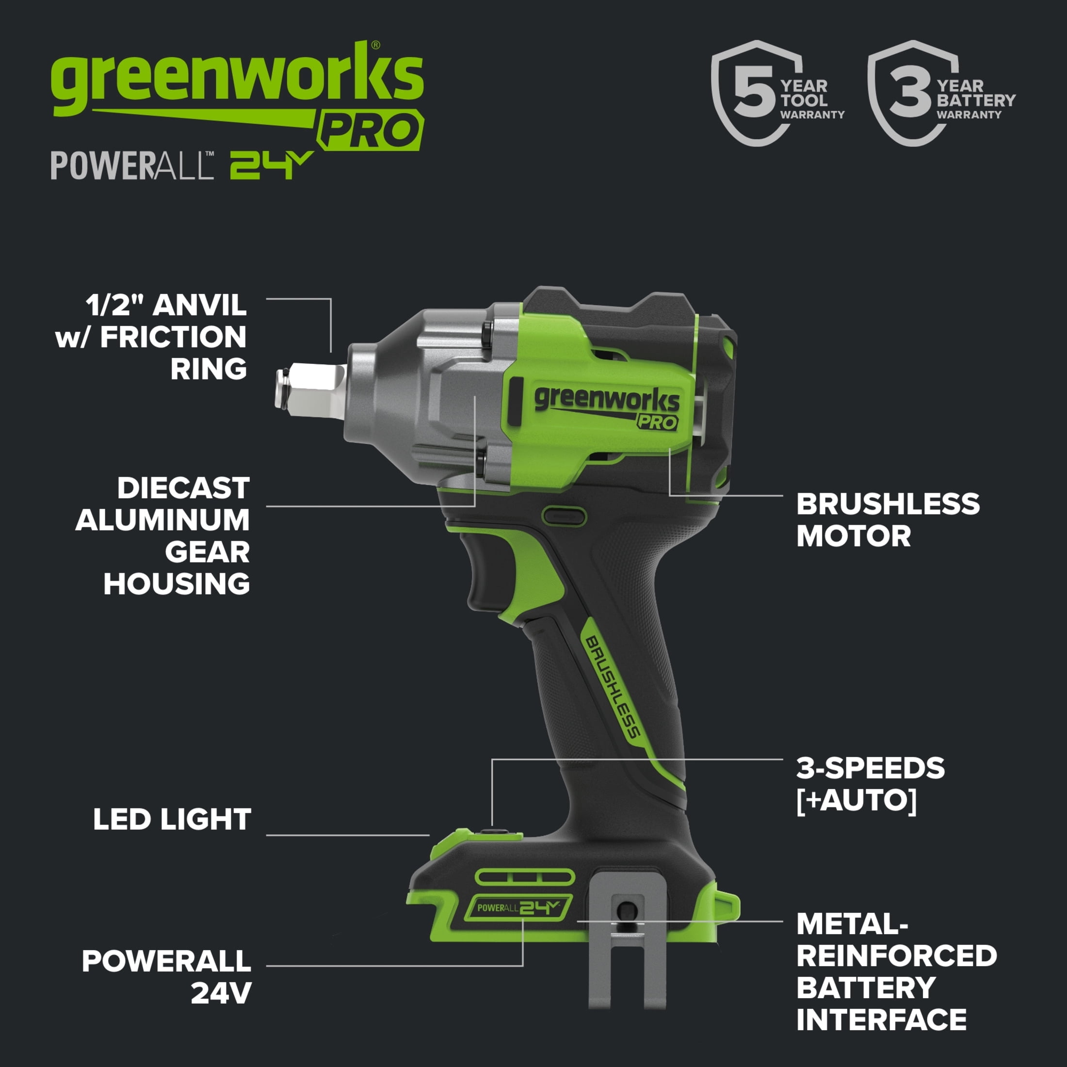 Greenworks Pro 24V 1/2-inch Cordless Impact Wrench with 560 ft-lb Breakaway Torque (Tool Only) 8nqa5