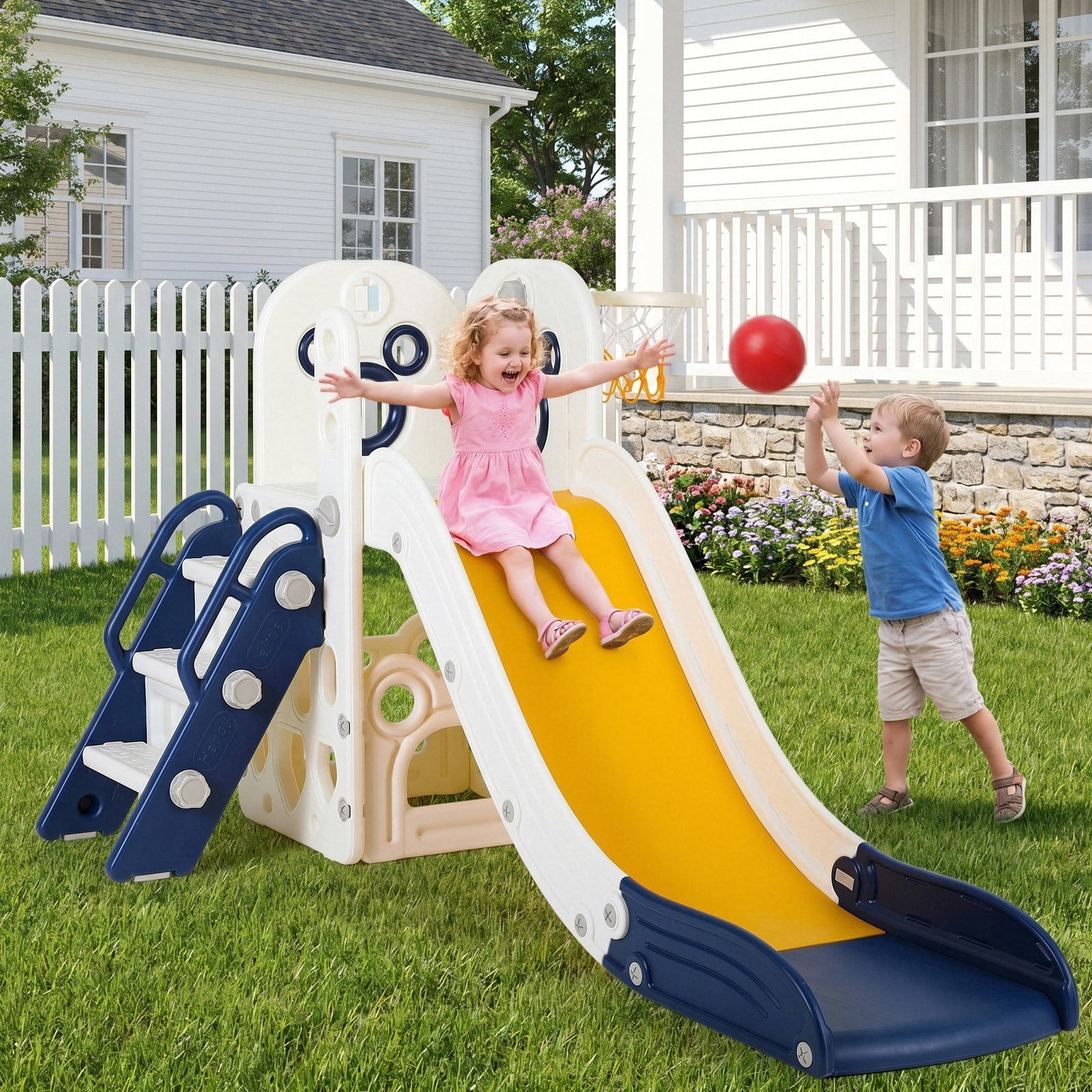 Arlopu 4-in-1 Toddler Slide and Climber Playset with Basketball Hoop (Blue, 60 in L x 18 in W x 30 in H) h7hyo