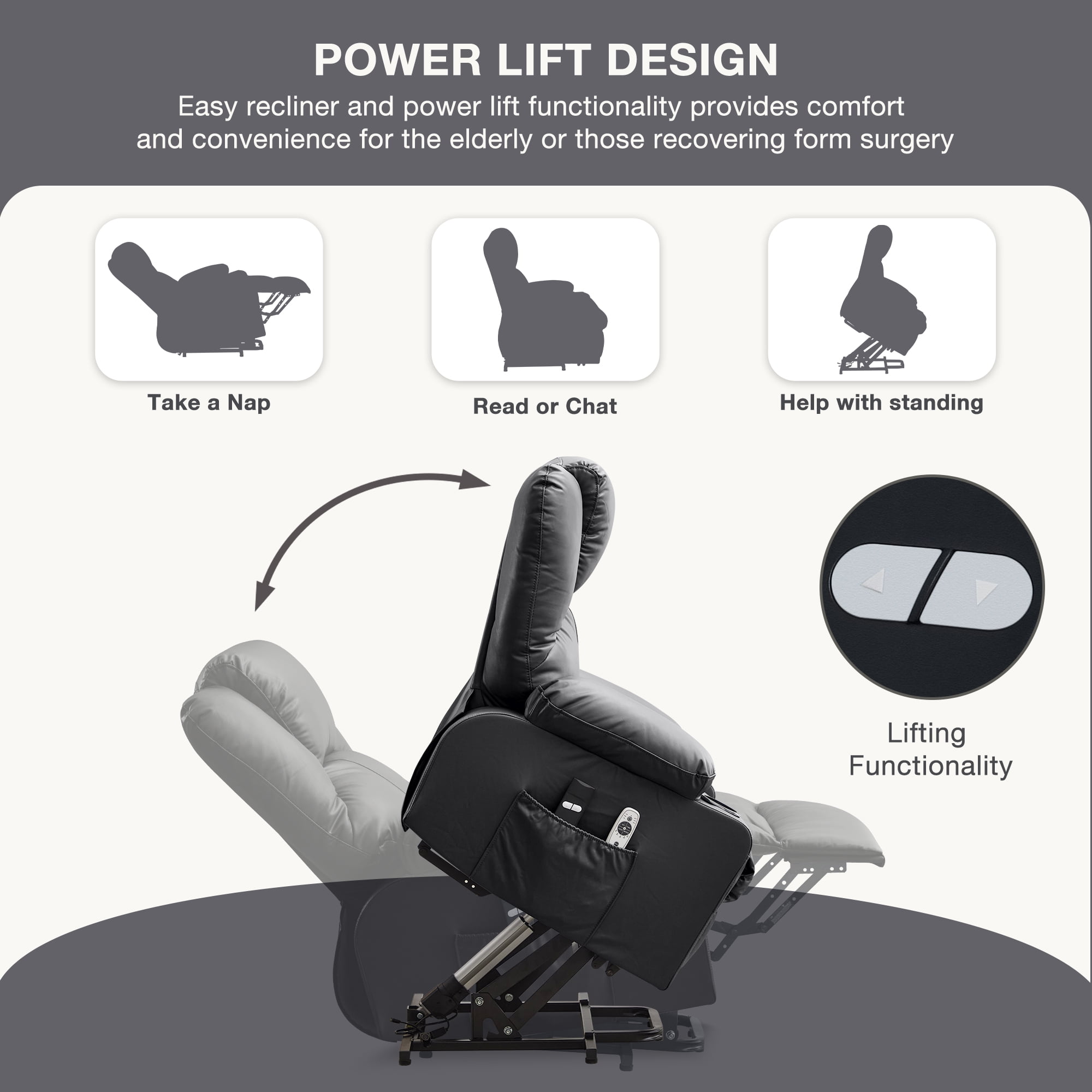 JONPONY Power Lift Recliner Chair with Heat and Massage, Infinite Position Electric Lounge Chair for Living Room (Black, 35.43 in W x 35.83 in D x 40.94 in H) 5oct4