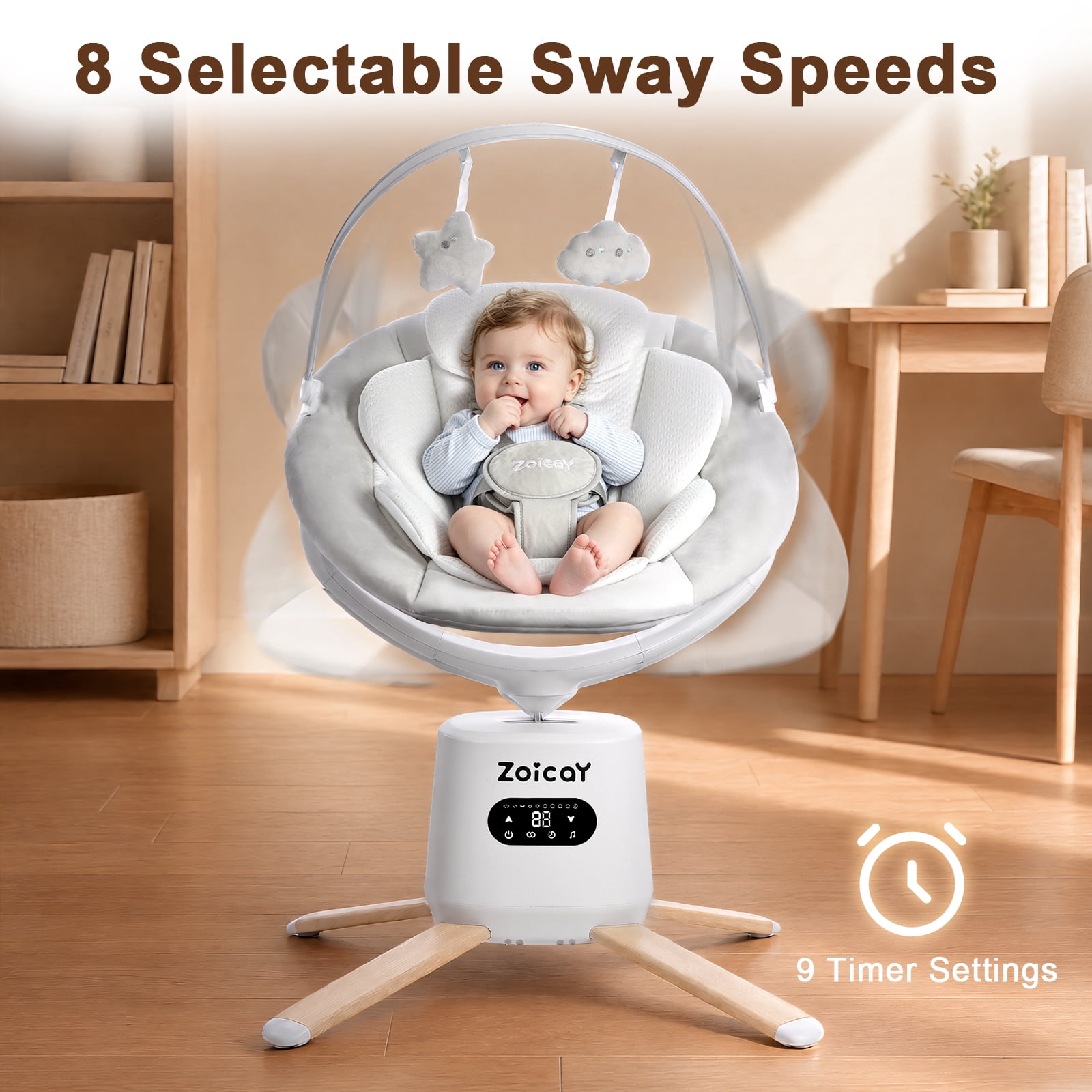 Zoicay Baby Swing, Infant Swing with 8 Motions & 8 Speeds, 360° Rotating Seat, Bluetooth Music & App Control (White, 25 lb Capacity) nq9jz