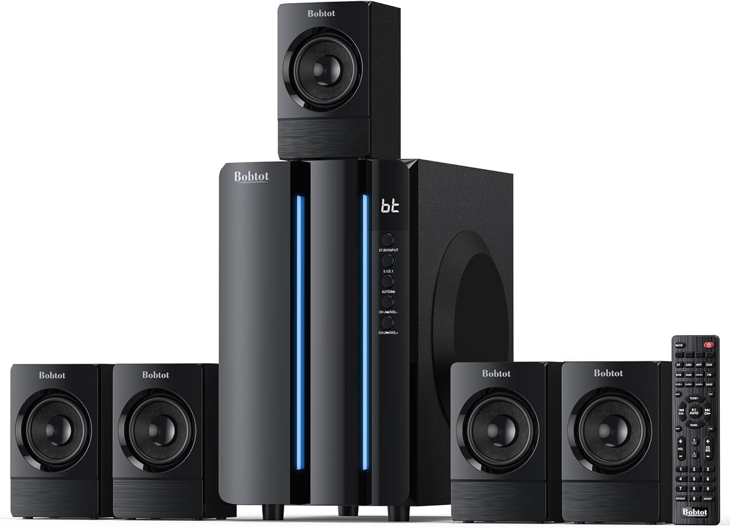 Bobtot Home Theater Surround Sound System (5.1/2.1 Channel, 12 in Subwoofer, Black) xqg48