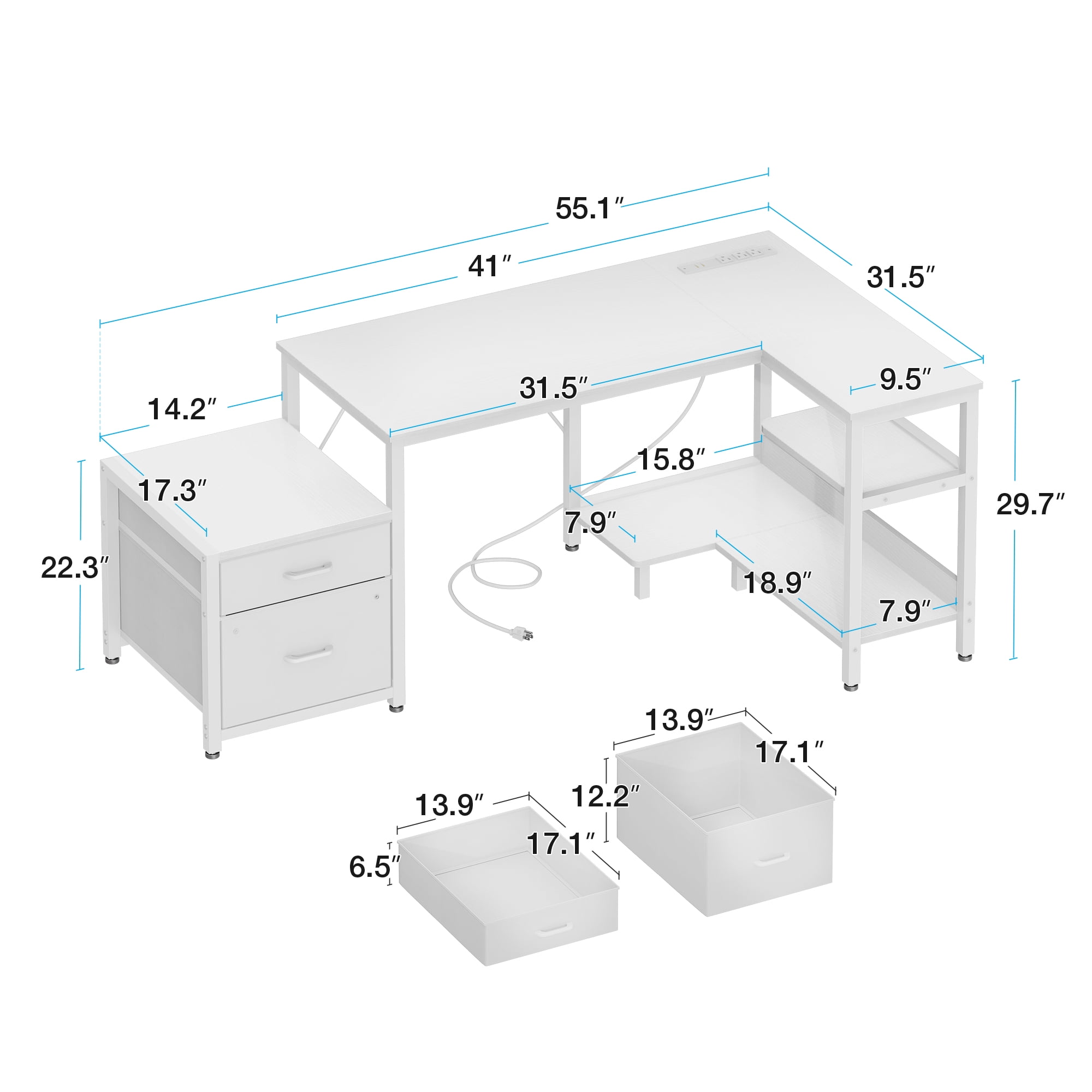 Casacomoda L-Shaped Computer Desk with Power Outlets, File Drawer, and Storage Shelves (White) cimfp
