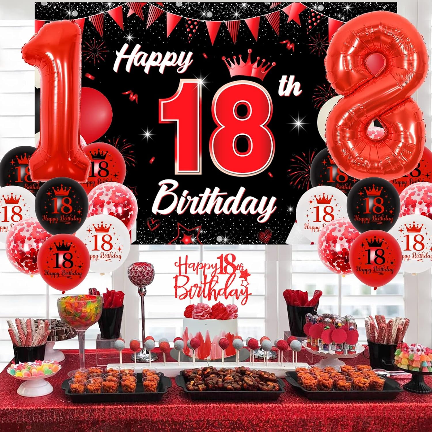 Sursurprise 18th Birthday Party Decoration Set, Red and Black Theme with Backdrop, Cake Topper, and Balloons (1 Set) jg0lh