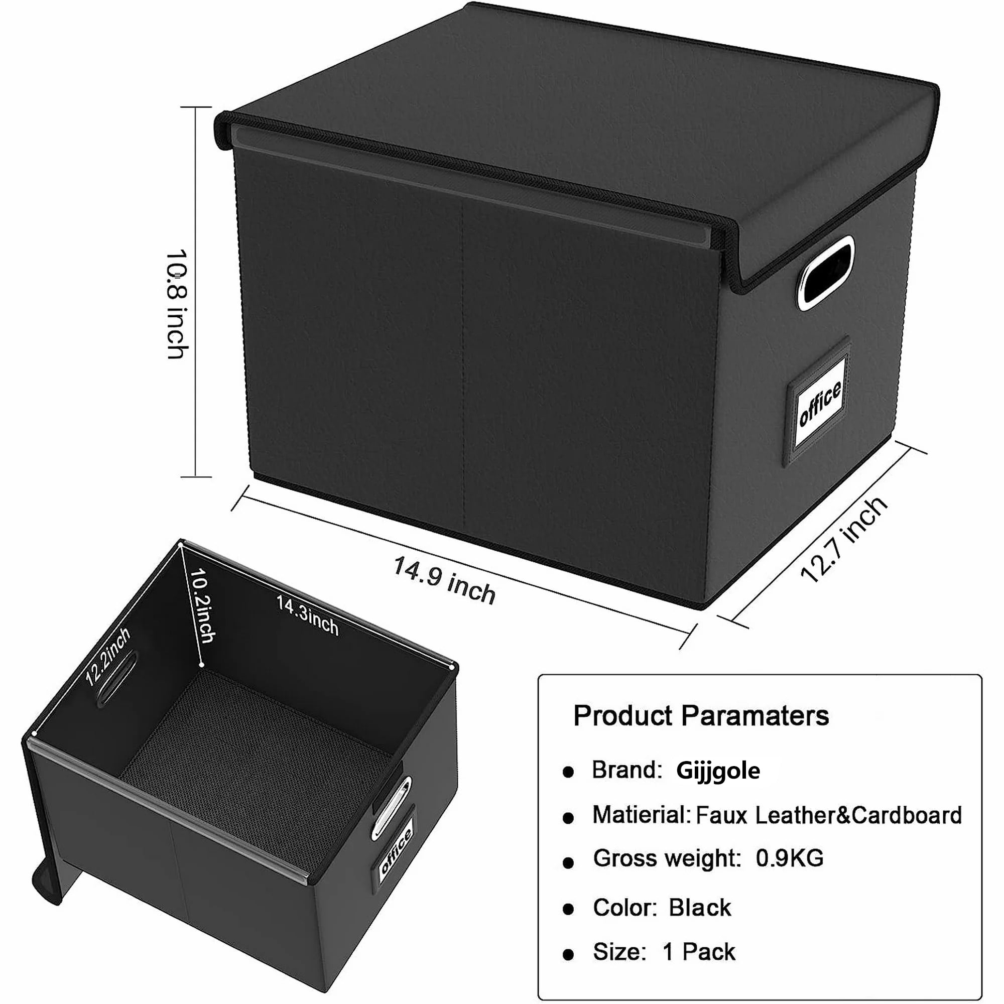 Gijjgole Collapsible Faux Leather Hanging File Folder Box Organizer with Lid and Plastic Slides (Black, 14.9 in x 12.7 in x 10.8 in) 722hx