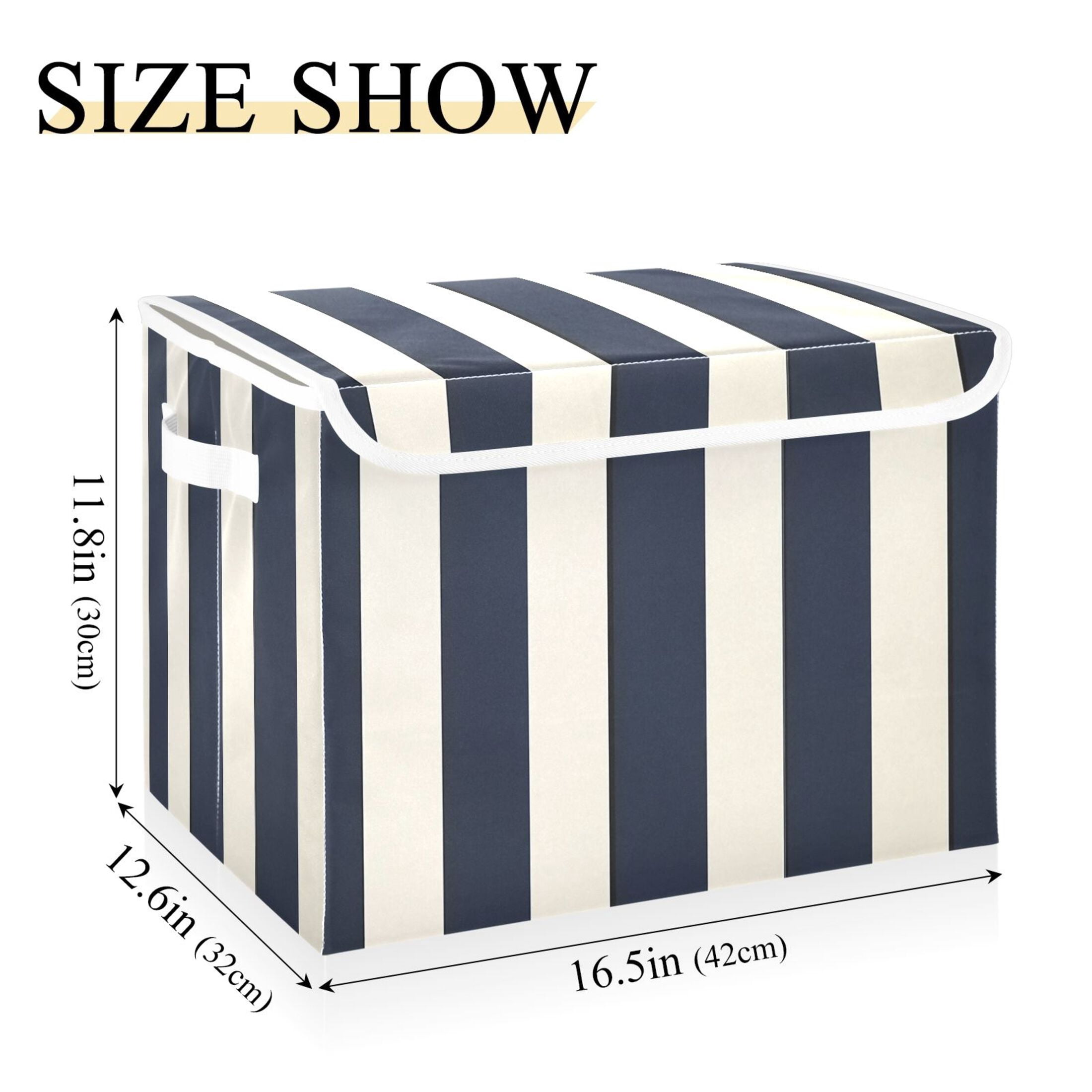 Booyaa Foldable Storage Bin with Lid and Handles, Vertical Stripe Fabric Organizer for Closet and Home (Navy Blue, 16.5 x 12.6 x 11.8 in) wvq29