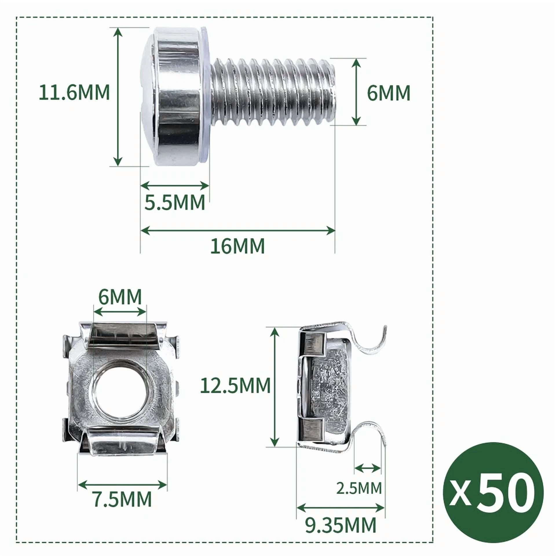 YANI Rack Mount Screws and Cage Nuts for Server Cabinet (50 Sets, 100 Pieces) ujf7u - Image 2