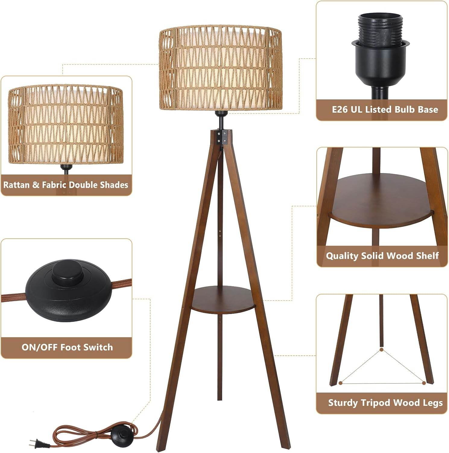 PuppyCheer Boho Tripod Floor Lamp with Shelves, Mid Century Wood Standing Lamp with Rattan & Fabric Shades (Brown, 59 in) siusv