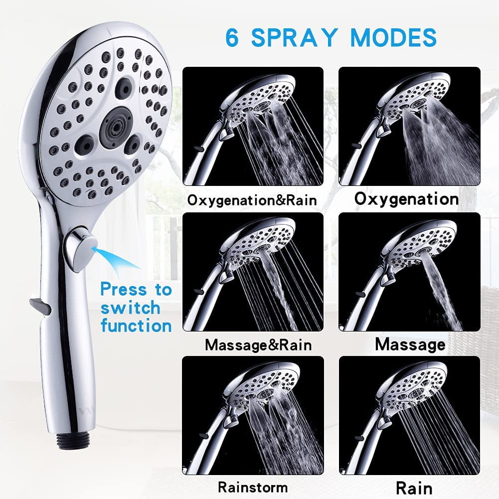 VXV Handheld Shower Head with On/Off Switch and 6 Spray Settings (Chrome, 6 ft Hose) a0xno