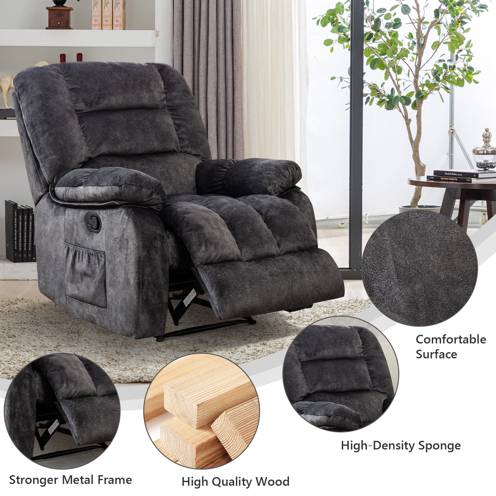 Ebello Massage Recliner Chair with Heat and Vibration, Ergonomic Manual Reclining Chair for Living Room (Dark Gray, 36 in) 0a0aq