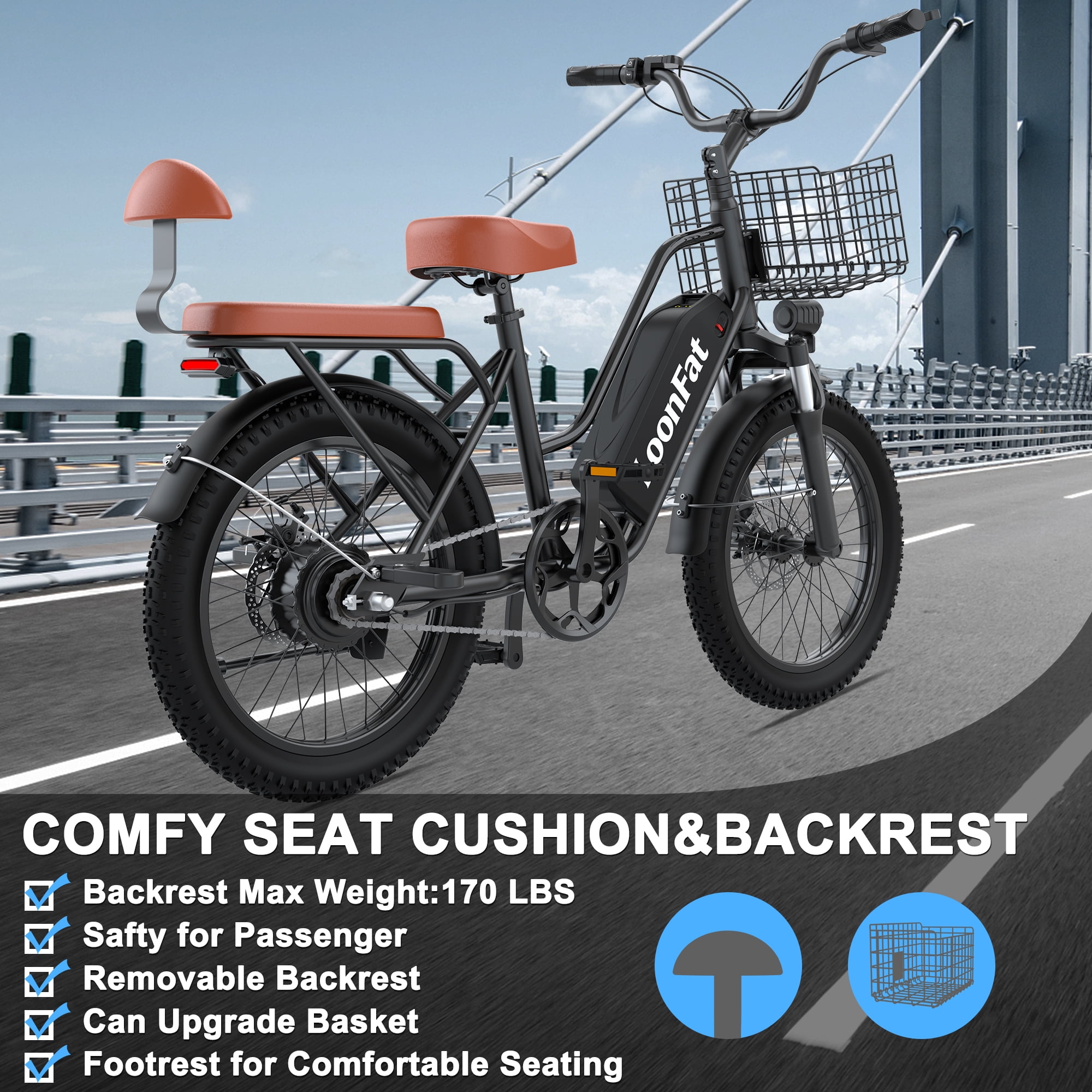 Loonfat Electric Bike for Adults, 1000W Peak Motor Commuter E-Bike with 48V Battery (Black, 20 in Tires) bt0nd