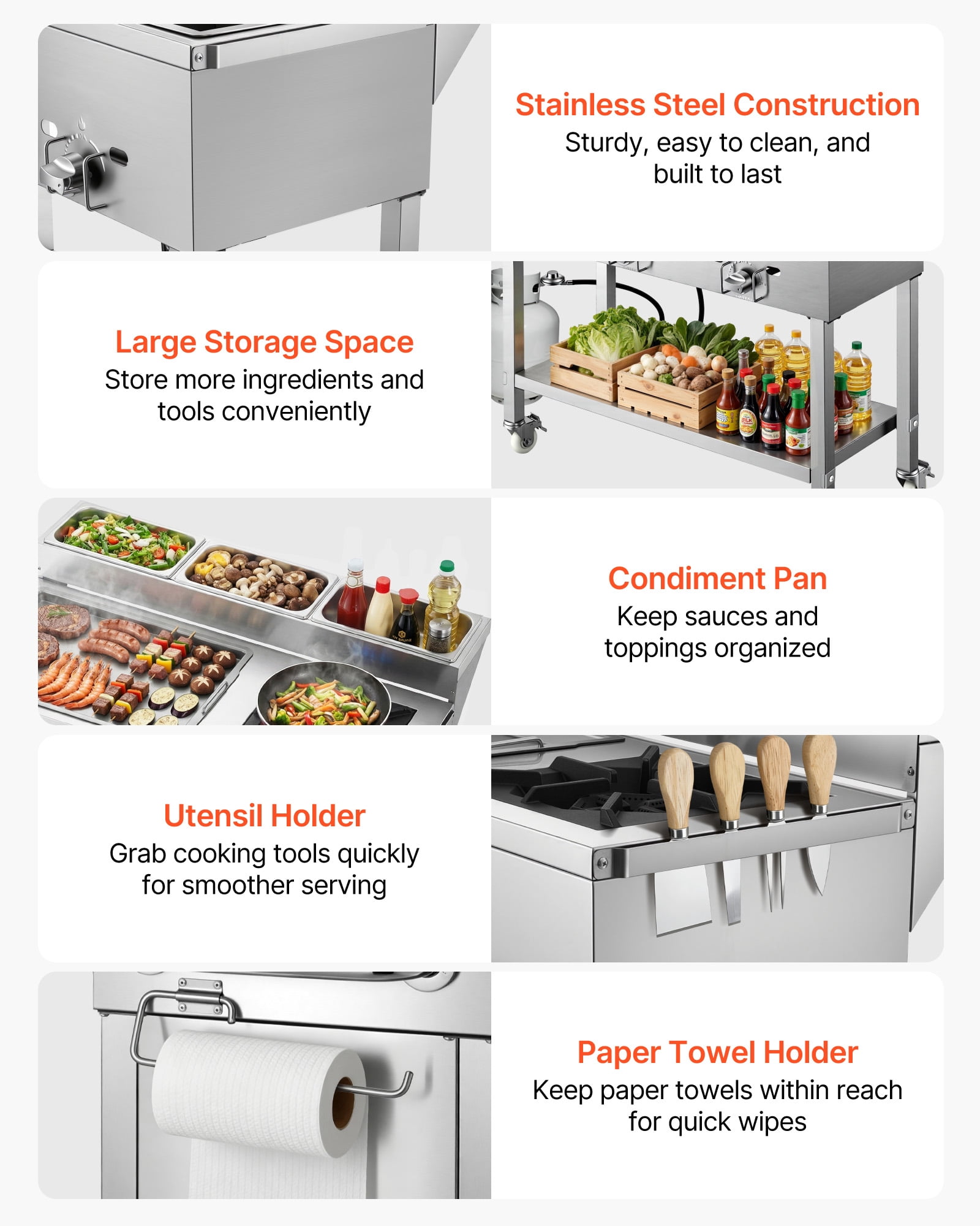 VEVOR Outdoor Propane Griddle, 3-Burner Commercial Stainless Steel Cooking Cart with Wheels and 3 Food Pans 2kqvv