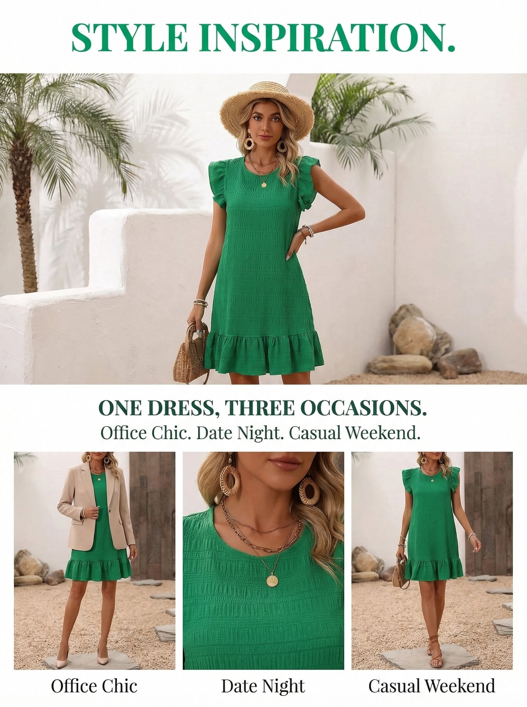 Cuteduck Womens Casual Dress Ruffle Sleeve Tiered Hem Round Neck Textured Summer Dress (Solid, S) 0lstf