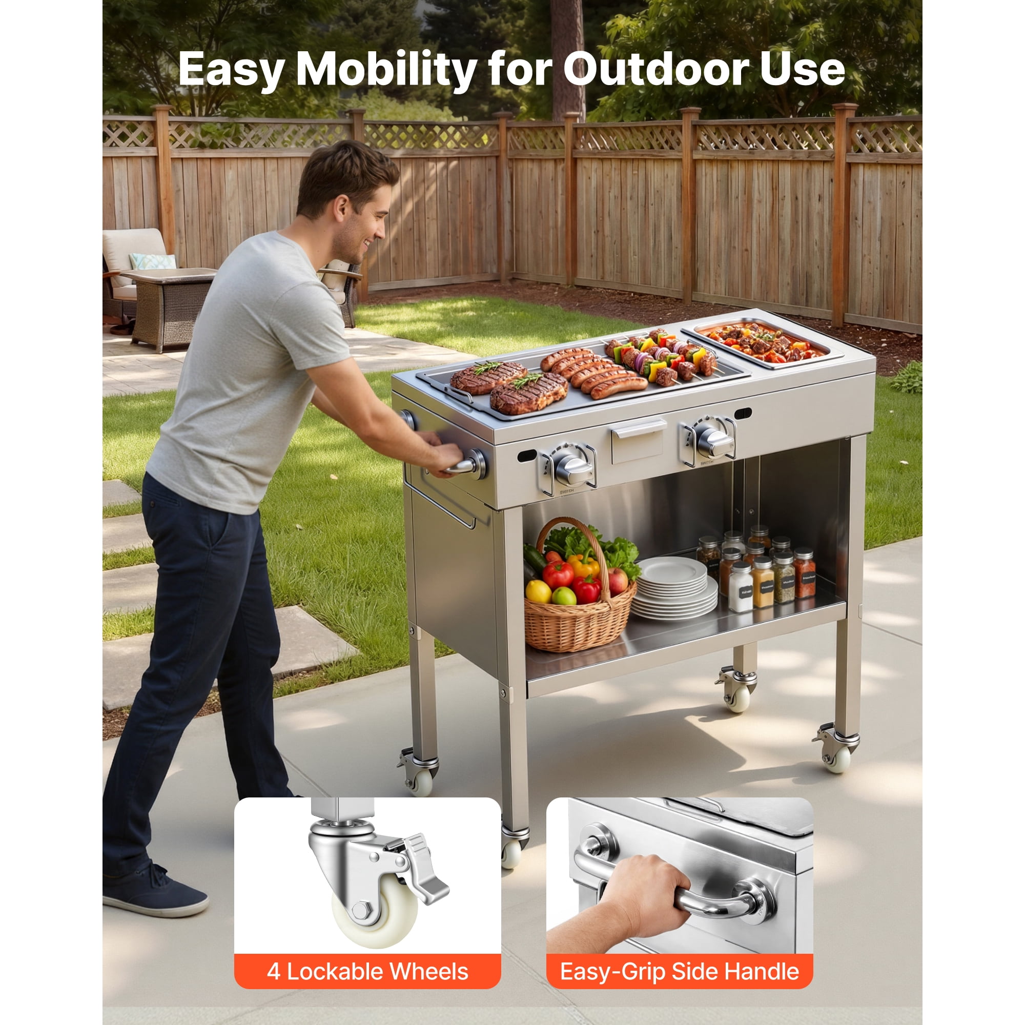 KFFKFF Outdoor Propane Griddle with 2 Burners, Stainless Steel Gas Cooking Cart with Lockable Wheels (Silver, 23,200 BTU) 57oed