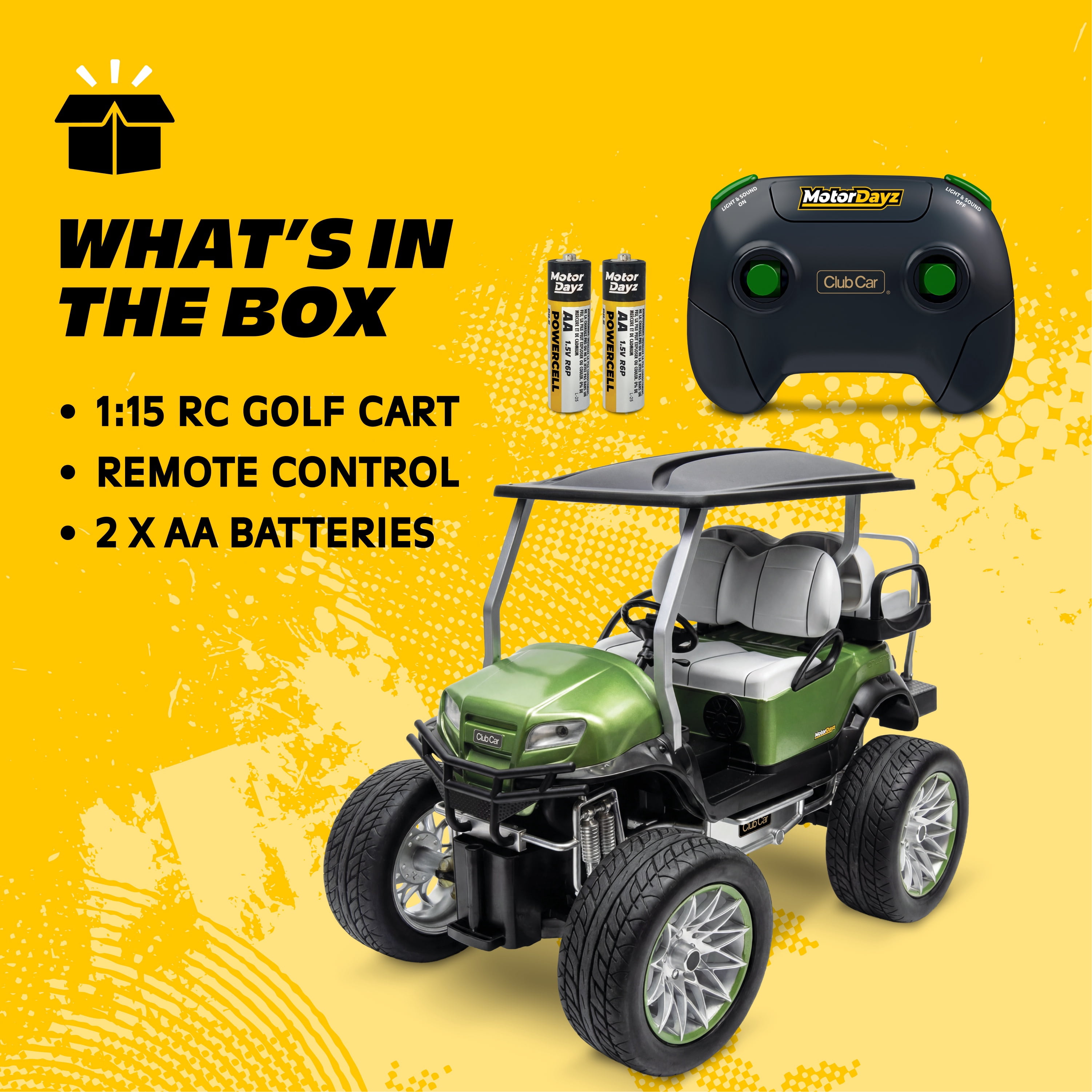 MotorDayz Radio Control Golf Cart Toy with Bluetooth Speaker and Working Lights (Green, 1:15 Scale) av5wz