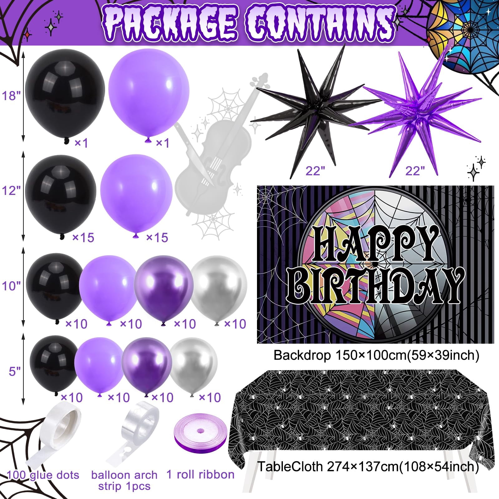 Winrayk Purple and Black Birthday Party Decoration Set with Balloon Garland Arch Kit and Backdrop (119 Piece Set) 34gp5