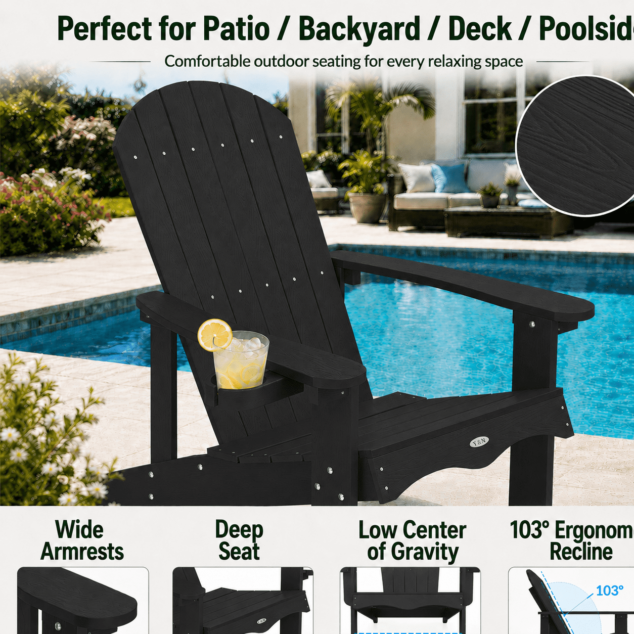 Y&M Adirondack Chair, Weather Resistant HDPE Outdoor Patio Seat with Rotating Cup Holder (Black, 1-Pack) ntebp