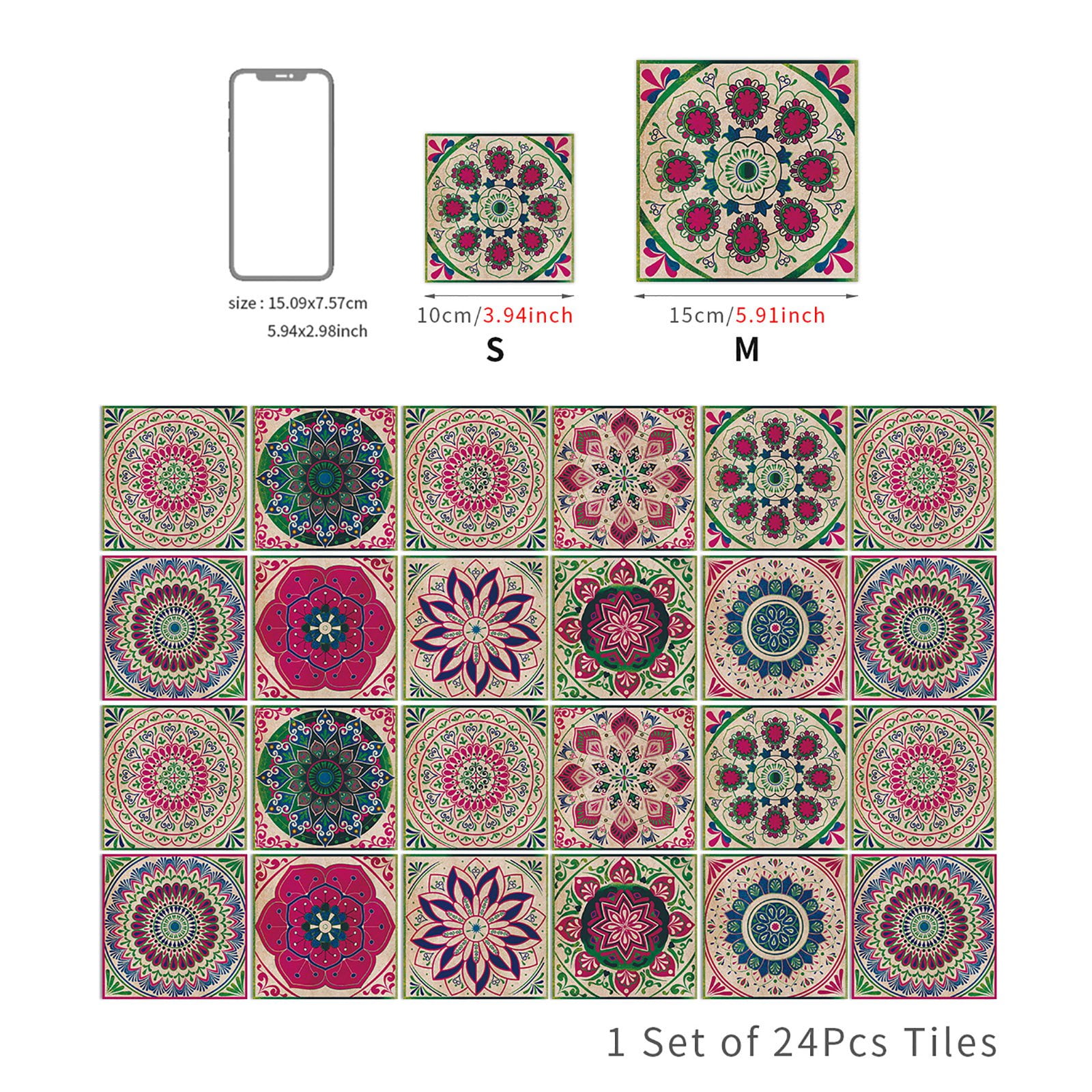 Hanyge Peel and Stick Vinyl Backsplash Tile Decals, Waterproof Removable Wall Stickers for Kitchen and Bathroom (Multi-Color, 24 Pack, 4 in x 4 in) yhwaf