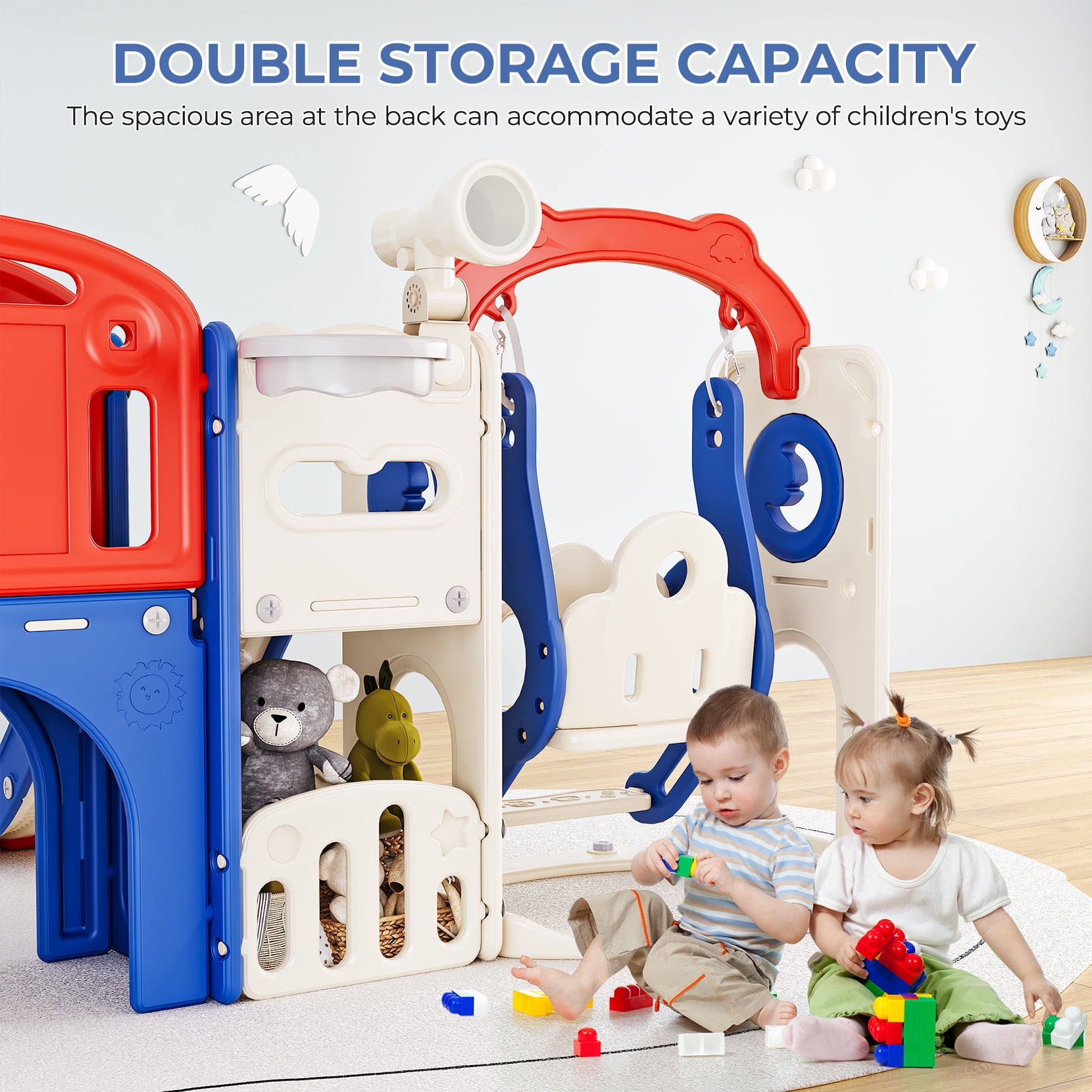 Bobiber 11-in-1 Toddler Playground Slide and Activity Center (Blue/Red, 1 Unit) gxwhr