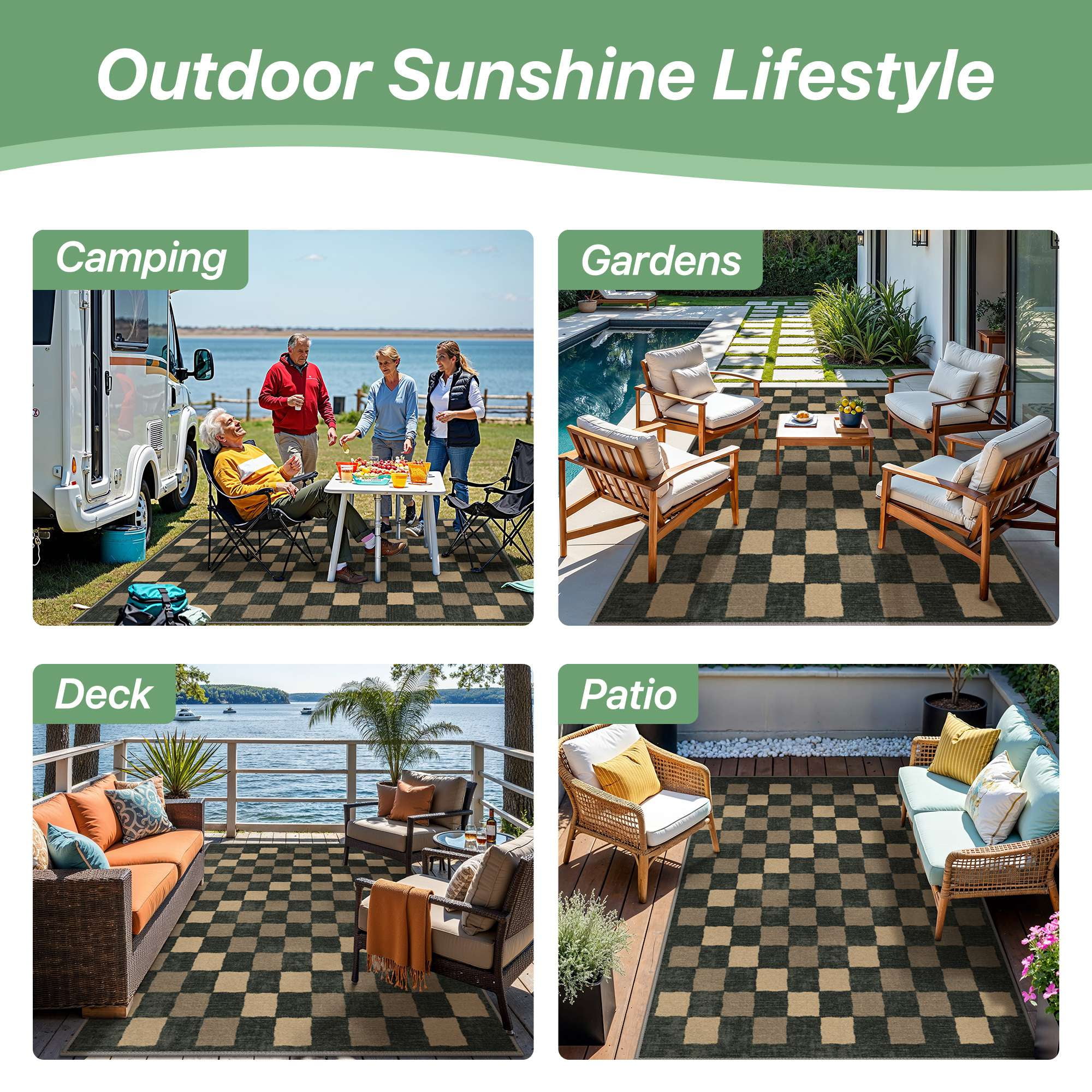 DEORAB Outdoor Rug, Chenille Patio Area Rug, Non-Slip Waterproof Camping Mat for RV and Deck (Blue Black & Brown, 8 ft x 10 ft) 3hcb2